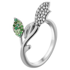 IGI Certified 0.36 Carat Natural Emerald and Diamond Leaf Ring in 14K Gold
