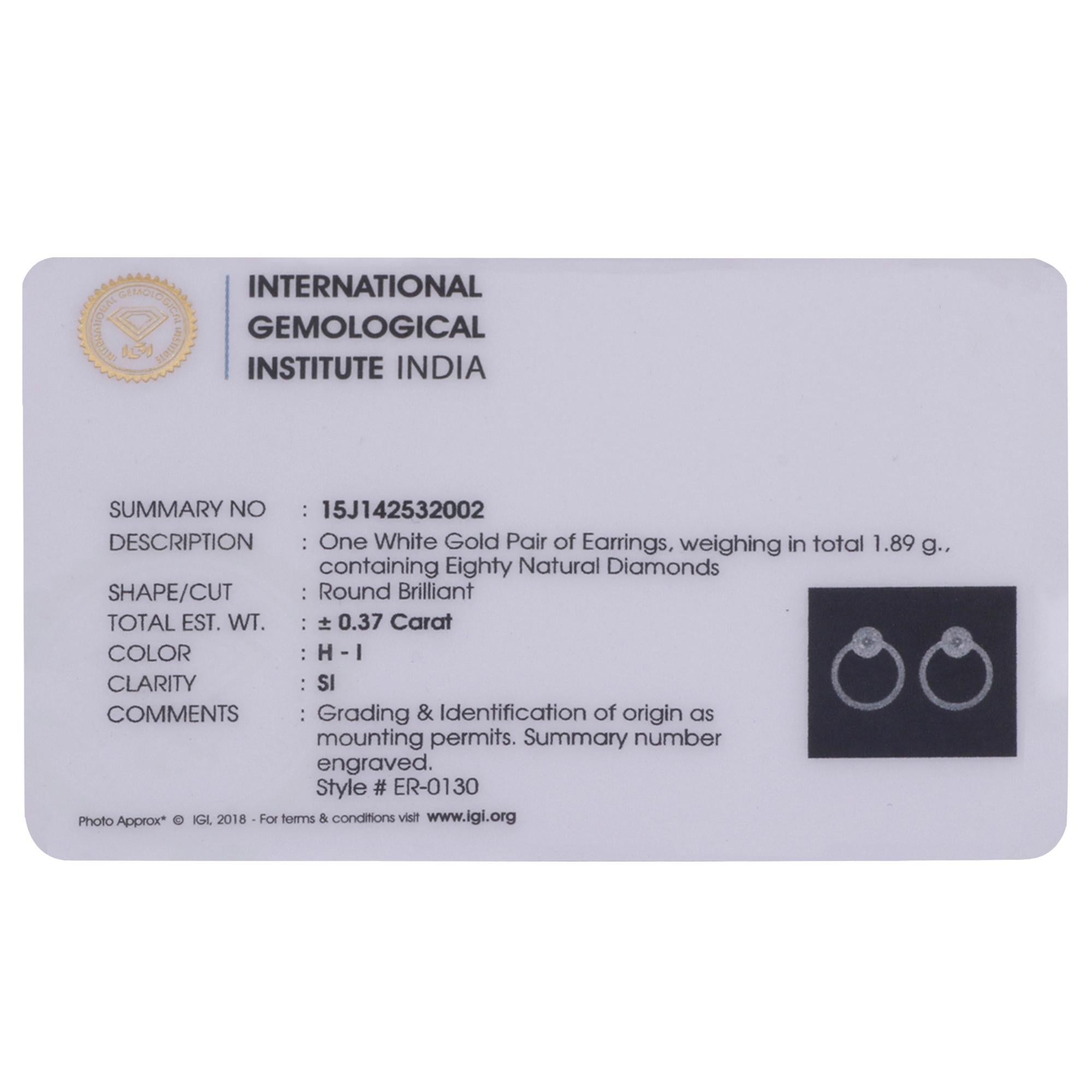 IGI-zertifizierte 0,37 Karat natürliche Diamant-Ohrstecker 'SI/H-I' 14K Weißgold im Angebot 1