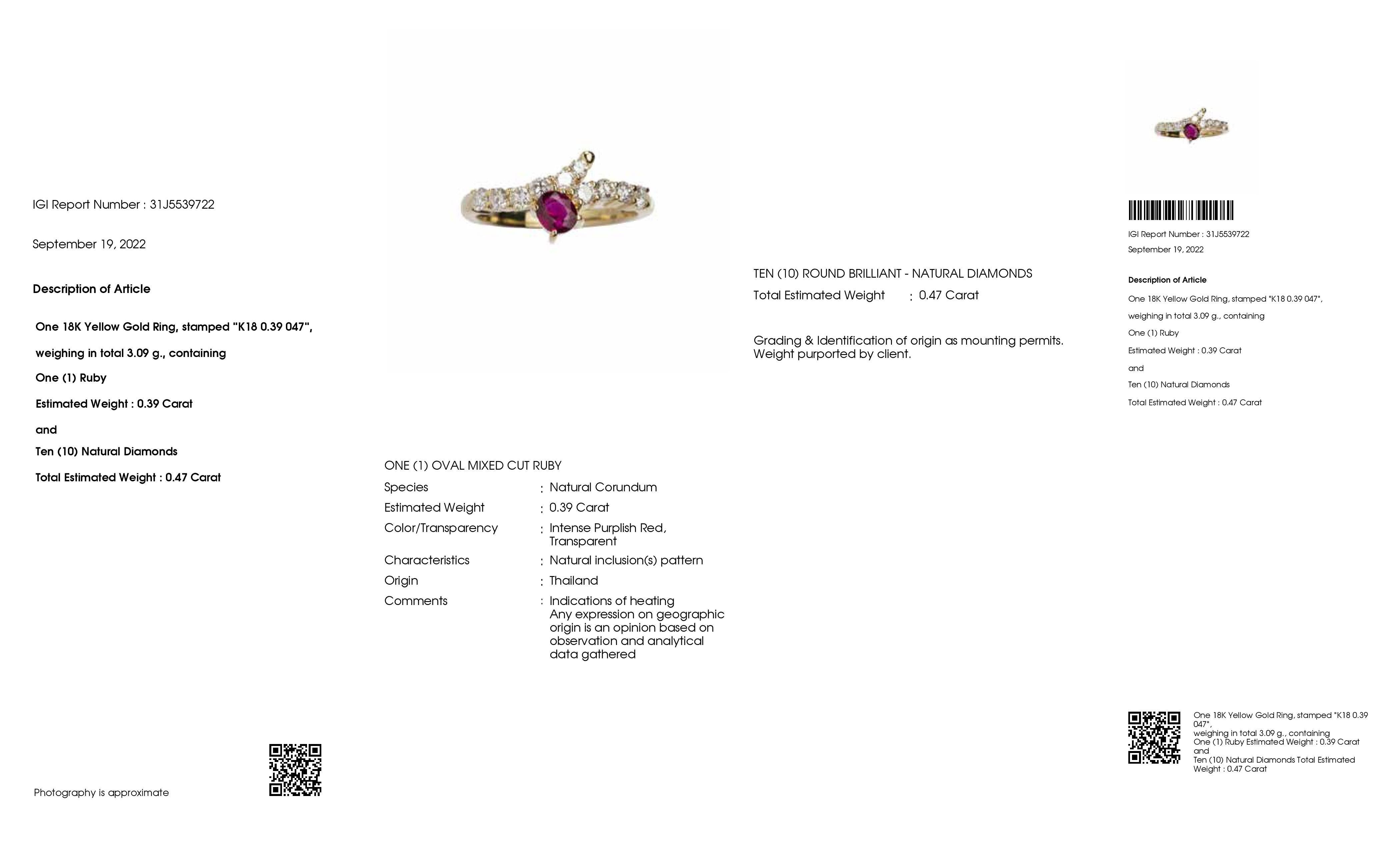 IGI Certified 0.39ct Natural Ruby and 0.47ct Diamonds 18k Yellow Gold Ring For Sale 2