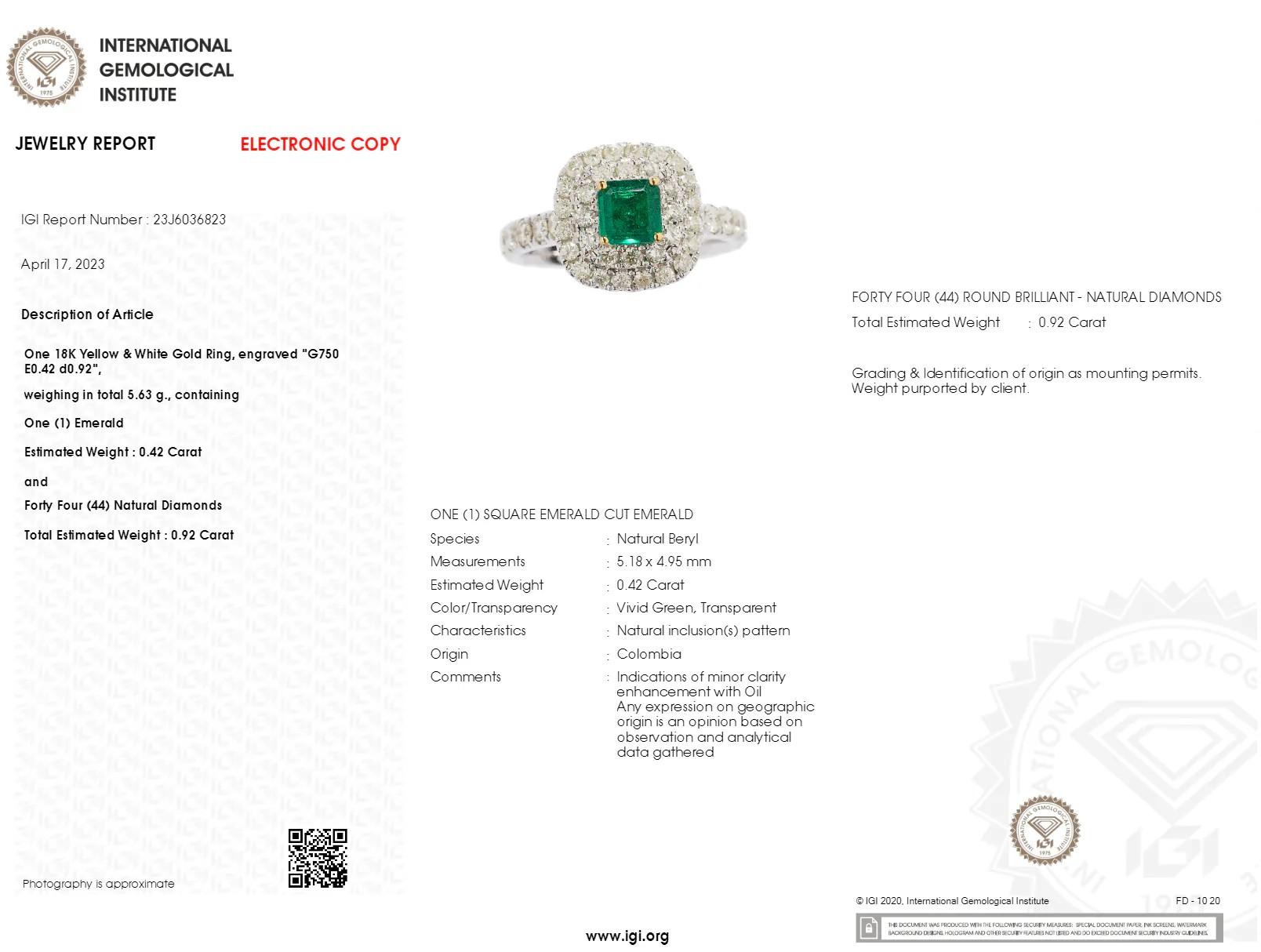 IGI-zertifizierter 0,42 Karat kolumbianischer Smaragd- und Diamantring aus 18 Karat Weißgold mit Diamanten (Moderne) im Angebot