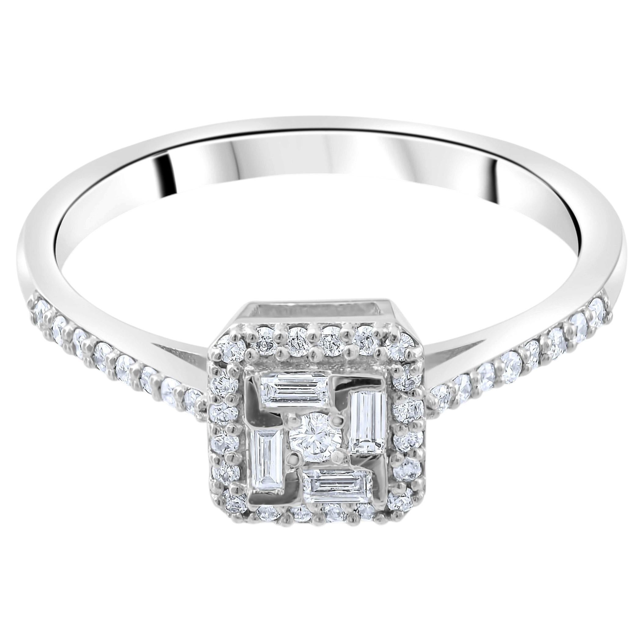 Anillo llamativo con diamante natural en talla baguette de 0,42 quilates, certificado por IGI, en oro de 14K