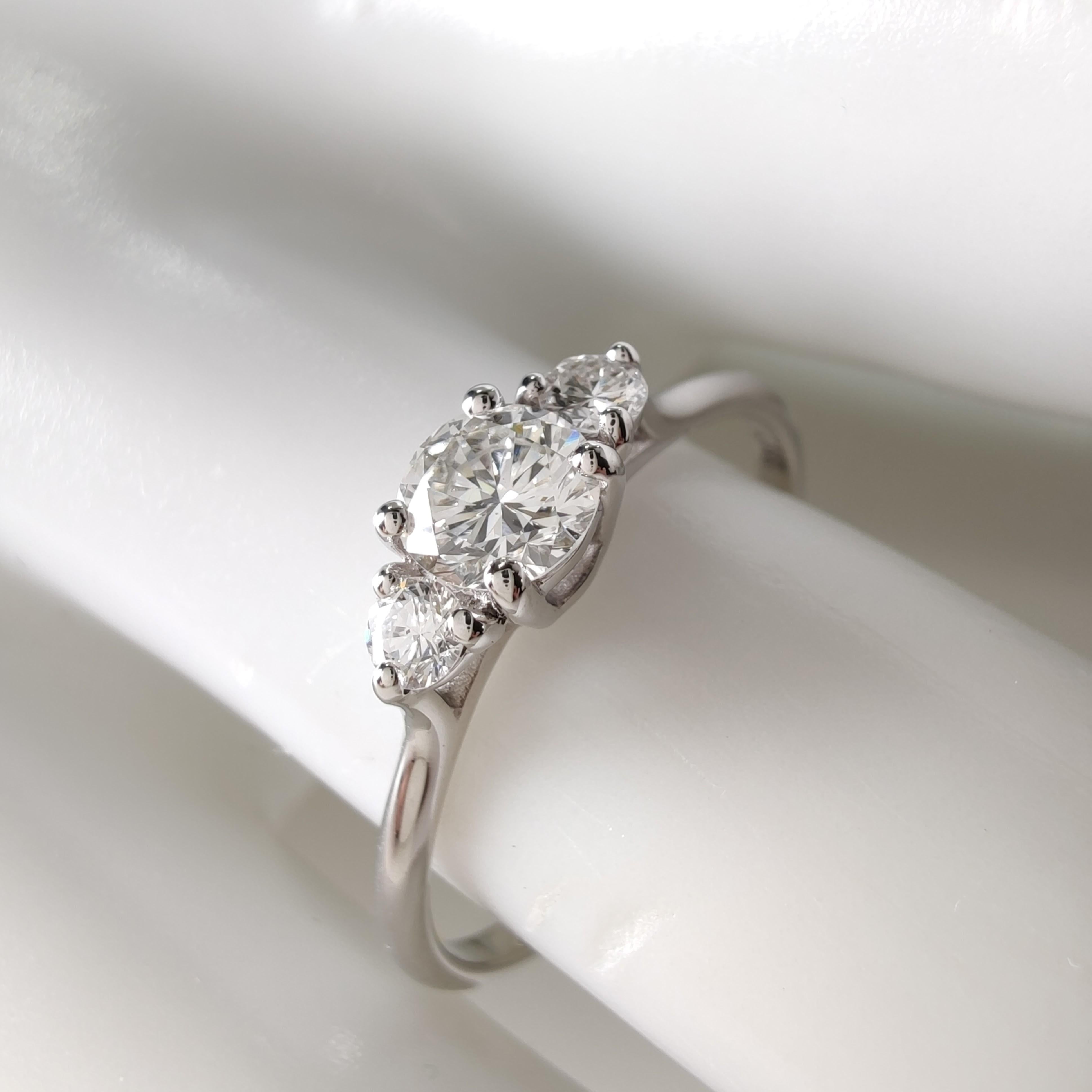 Round Cut IGI Certified 0.45ct Natural Diamond Three-Stone Engagement Ring -18K White Gold For Sale