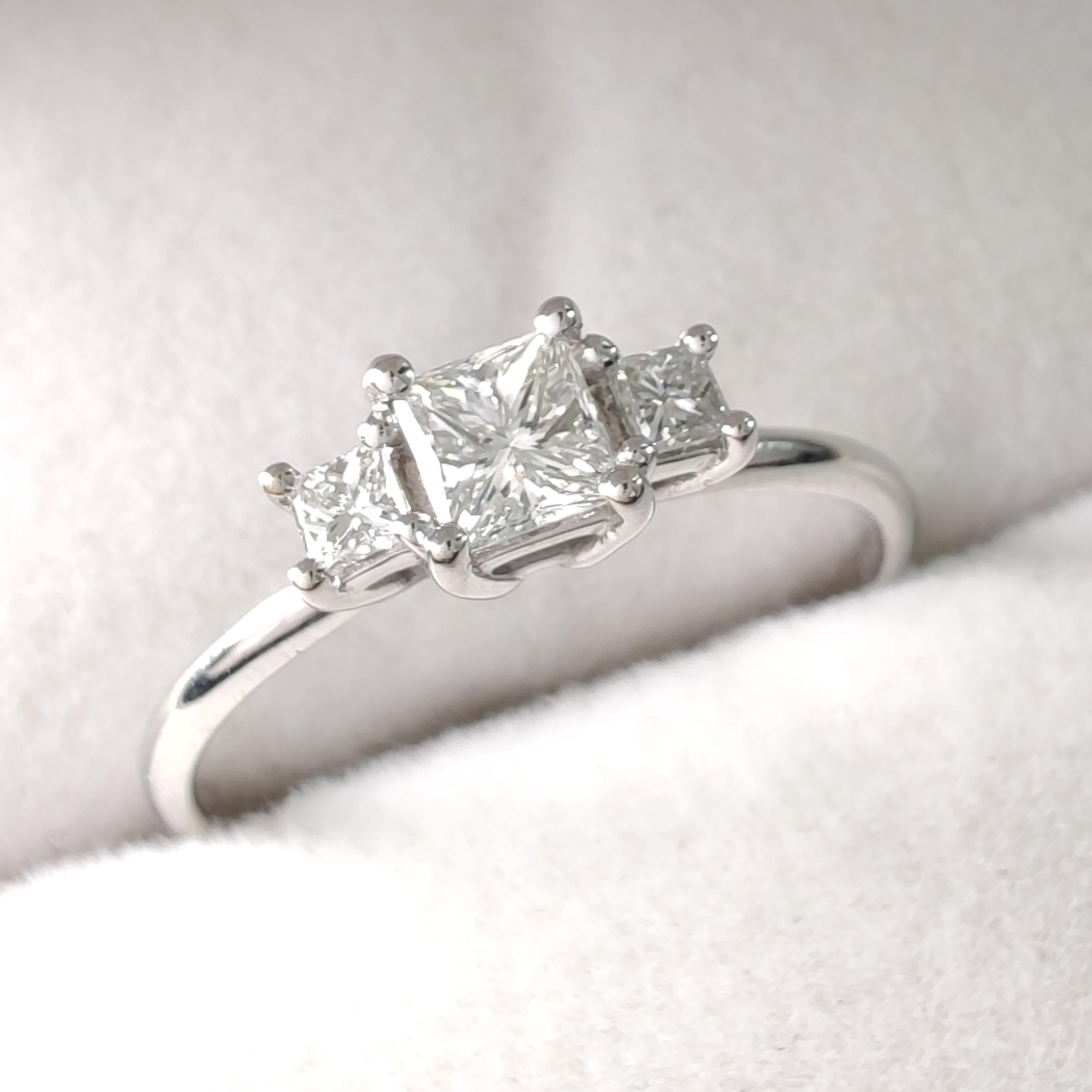 Contemporary IGI Certified 0.50ct Natural Diamond Three-Stone Engagement Ring -18K White Gold For Sale