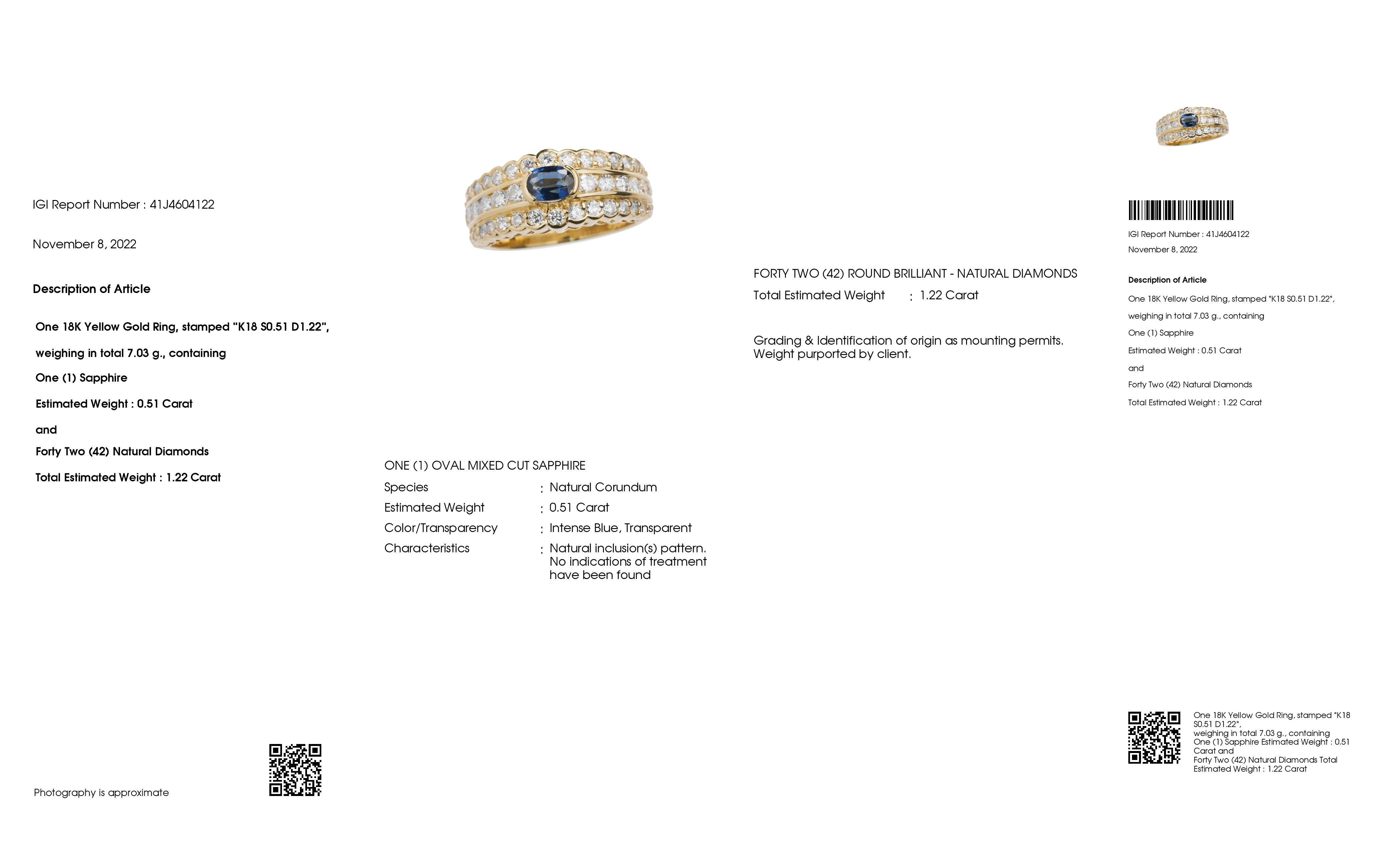 Taille ovale Bague en or jaune 18 carats avec saphir non traité 0,51 carat et diamants 1,22 carat certifiés IGI en vente