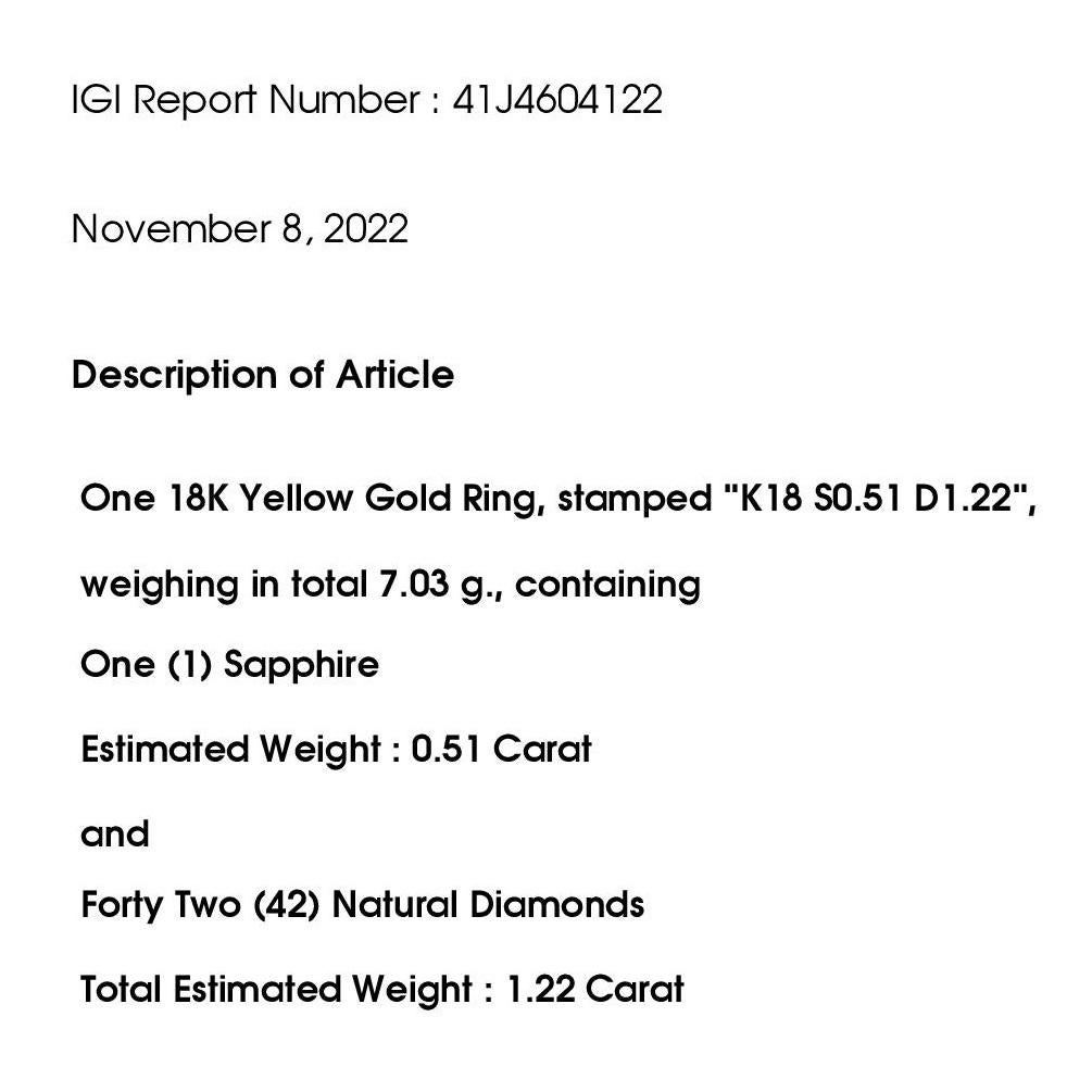 Bague en or jaune 18 carats avec saphir non traité 0,51 carat et diamants 1,22 carat certifiés IGI en vente 4