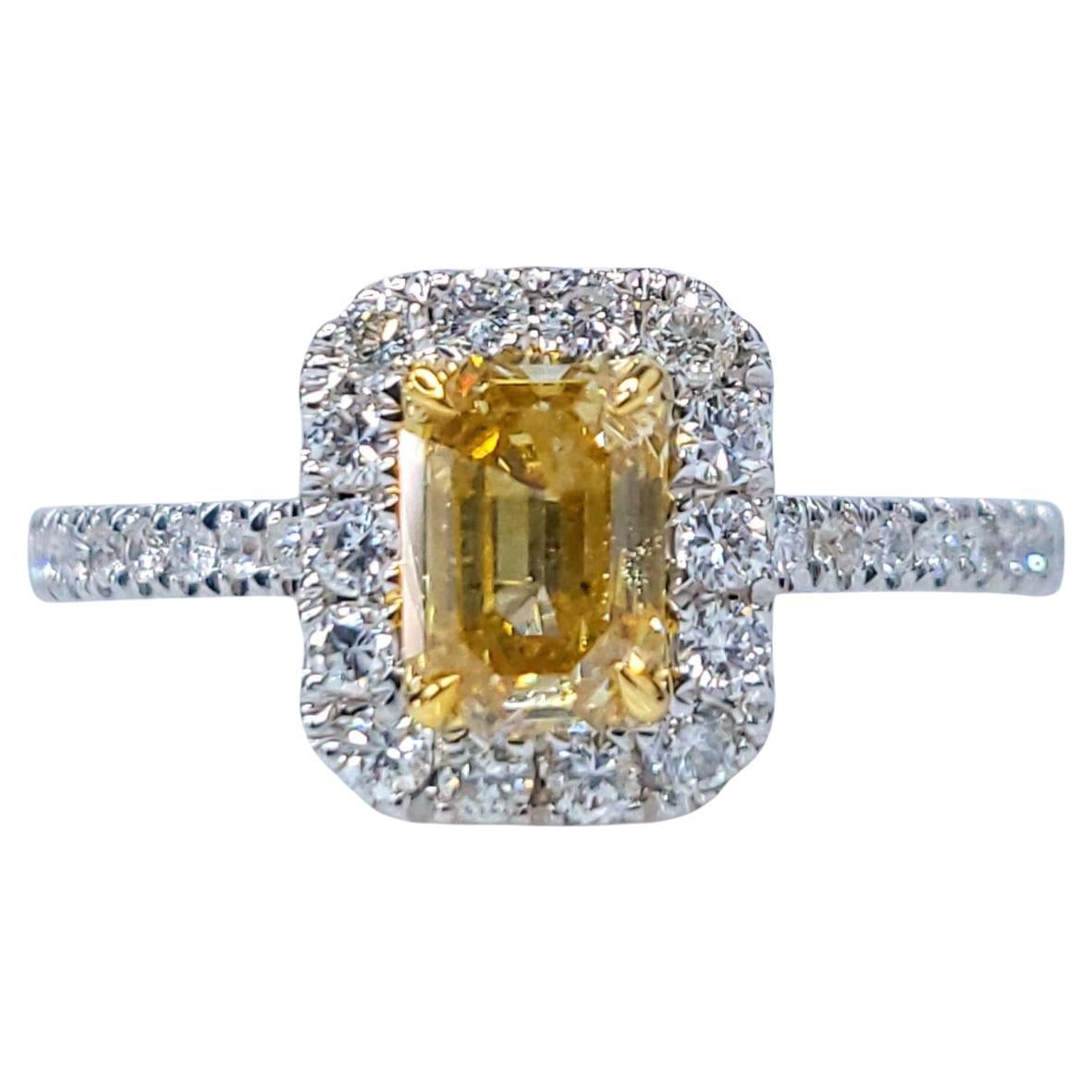 IGI Certified 0.59 Carat Yellow Diamond & 0.27 Carat Diamond Ring in 18K Gold For Sale