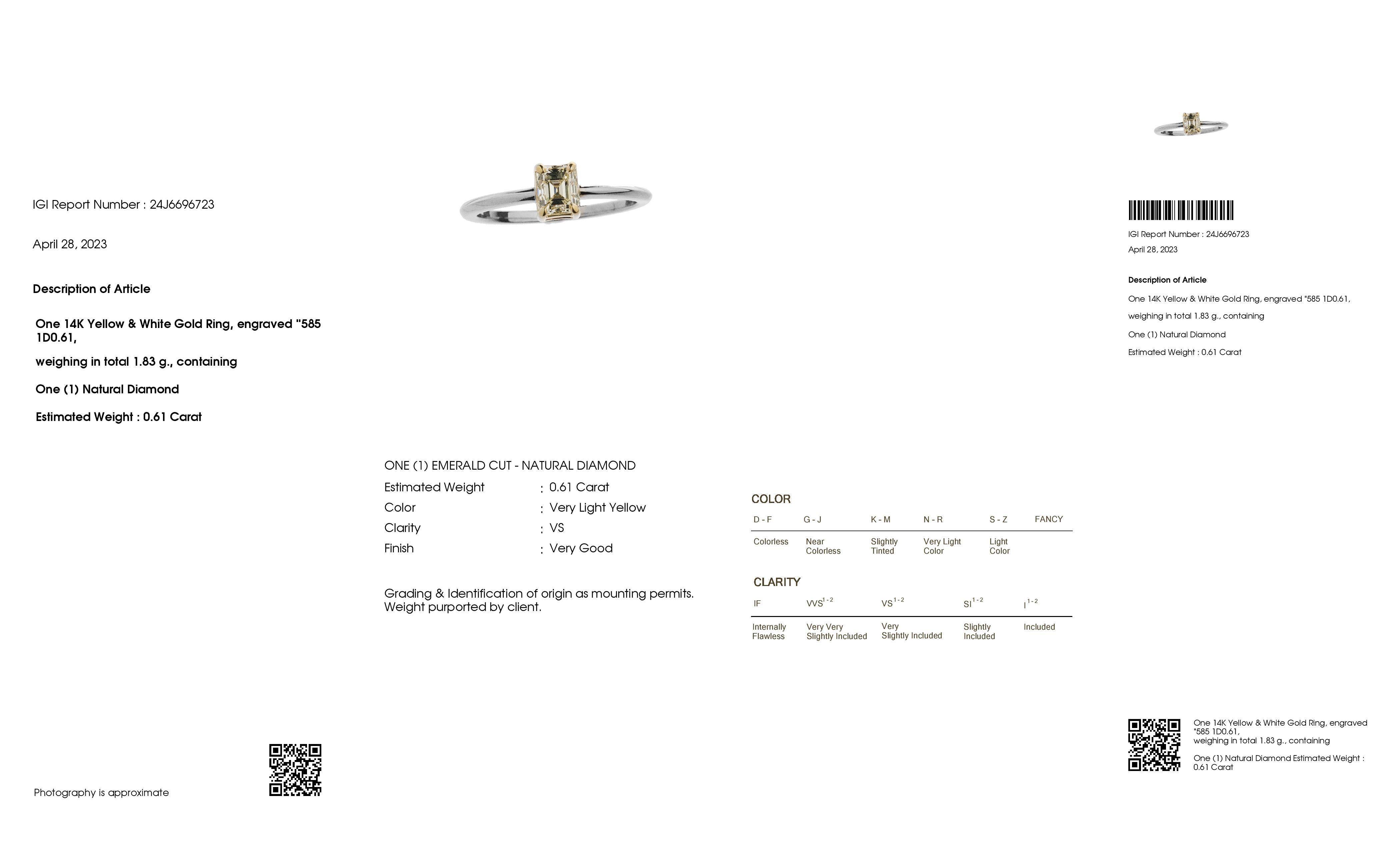 IGI Certified 0.61ct Natural Fancy Diamond 14K Yellow & White Gold Ring In New Condition For Sale In Hong Kong, HK