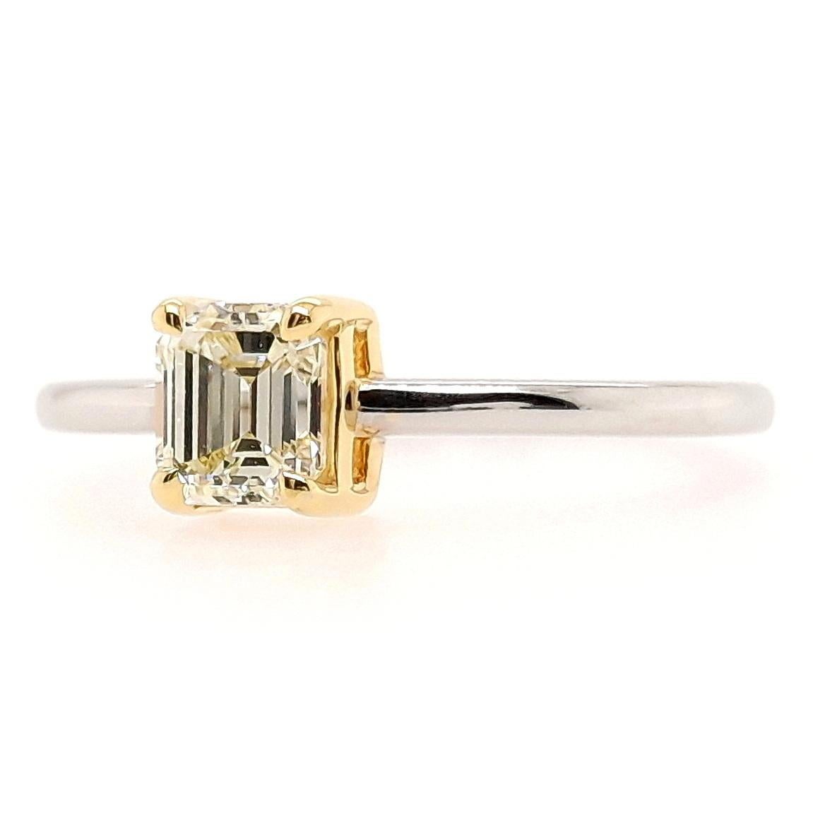 Emerald Cut IGI Certified 0.61ct Natural Yellow VS Diamonds 14k Yellow & White Gold Ring For Sale
