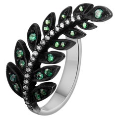 IGI Certified 0.63 Carat Natural Emerald and Diamond Leaf Ring in 8K Gold