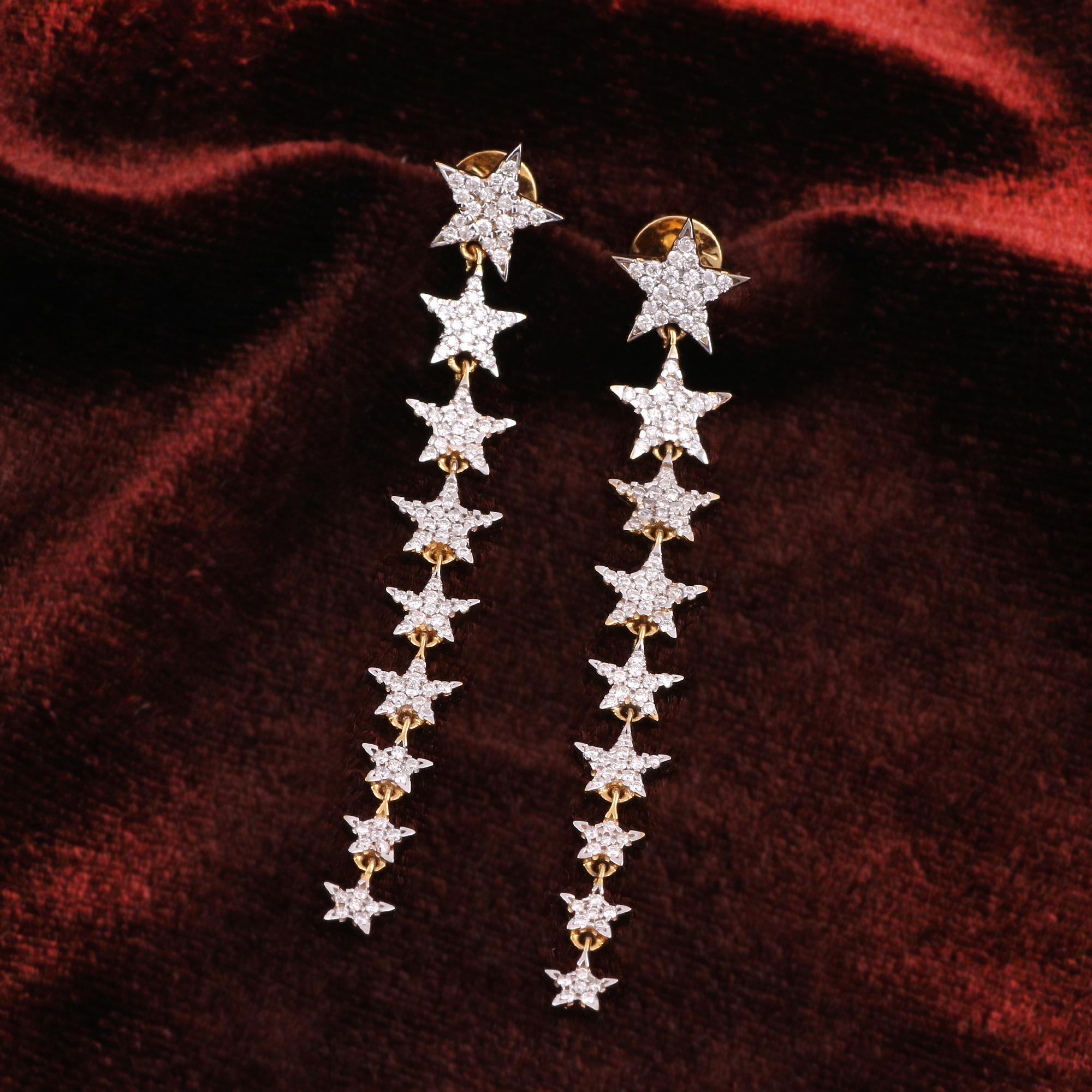 Modern IGI Certified 0.64 Carat Natural Diamond 'SI/G-H' 14K Gold Star Dangle Earrings For Sale