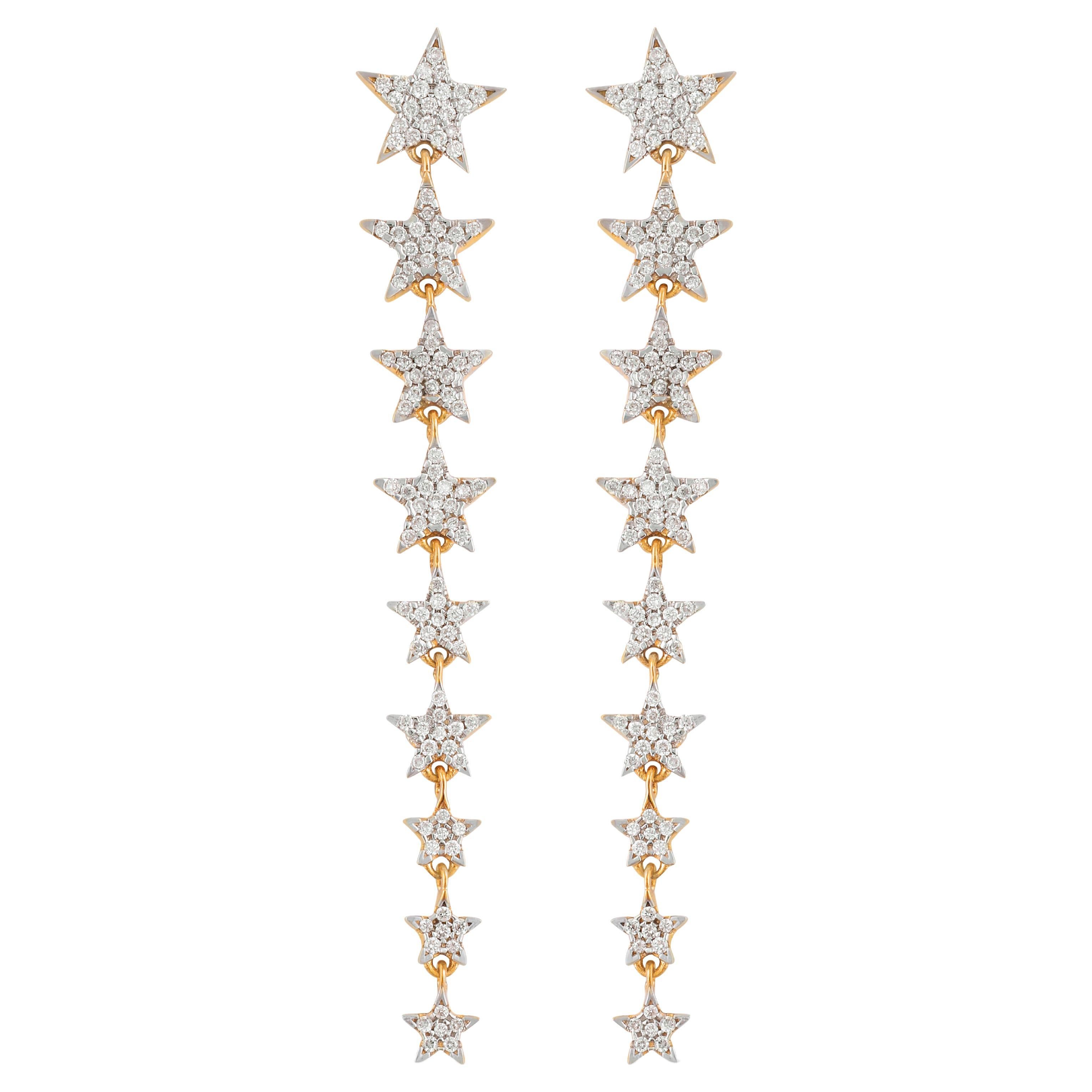IGI Certified 0.64 Carat Natural Diamond 'SI/G-H' 14K Gold Star Dangle Earrings For Sale