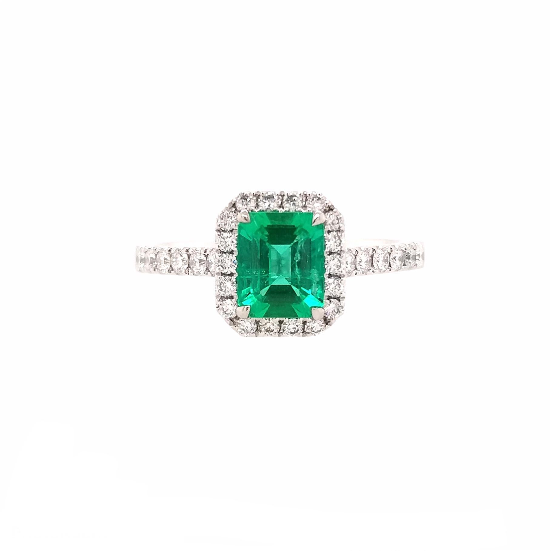 Modernist IGI Certified Emerald Cut Colombian Emerald and White Diamond Ring For Sale