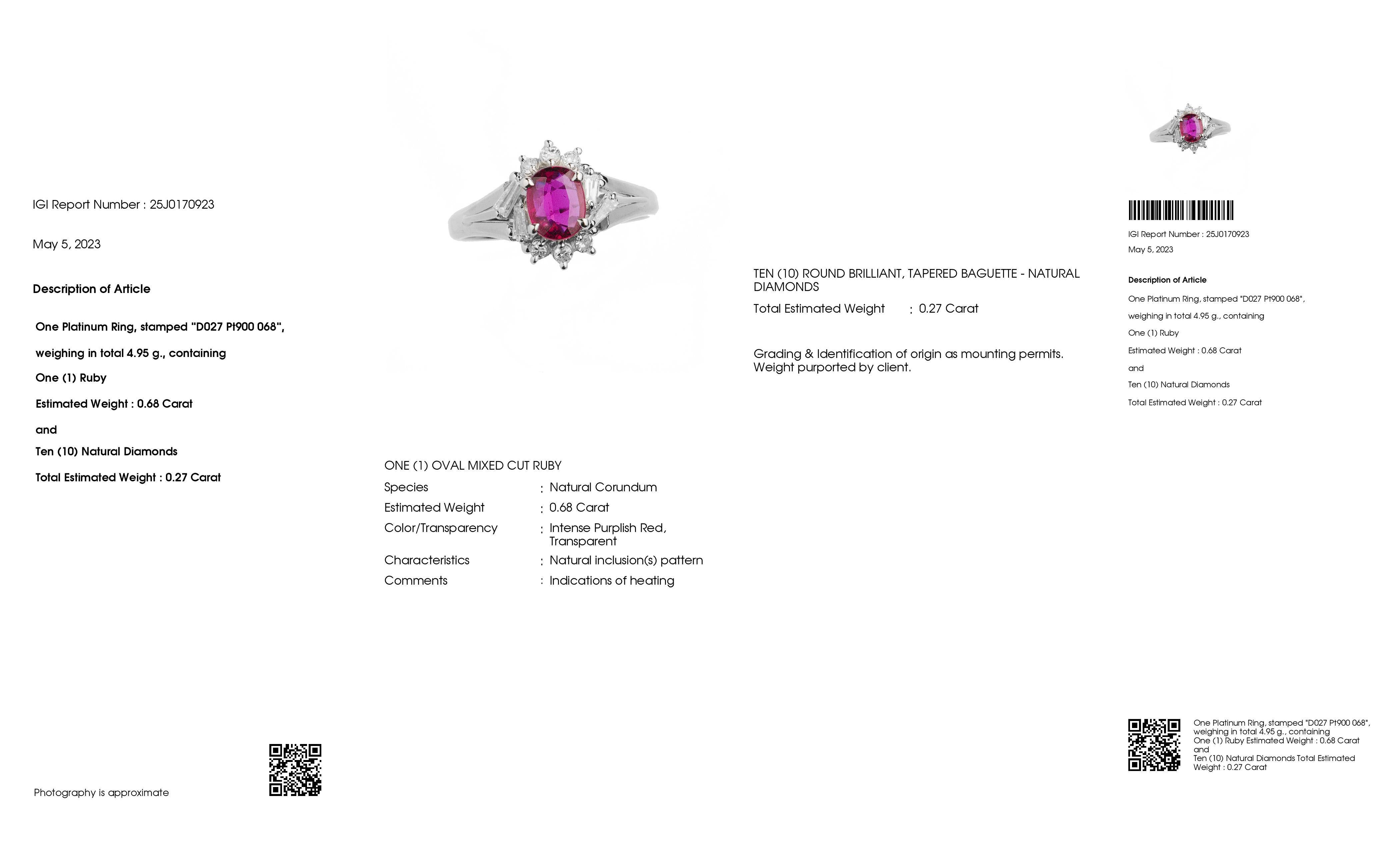 IGI Certified 0.68ct Natural Ruby and 0.27ct Natural Diamonds Platinum Ring For Sale 2