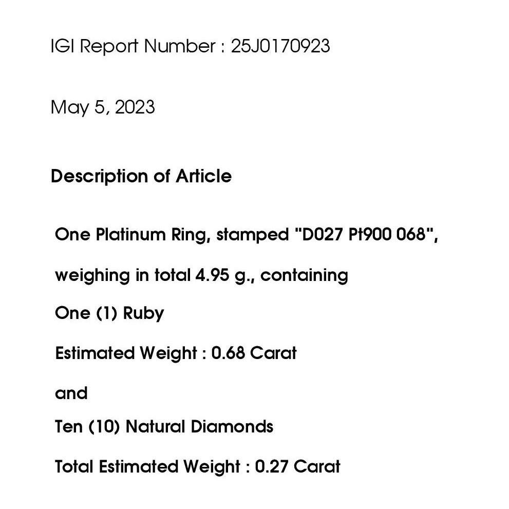Rubí natural certificado IGI de 0,68 ct y diamantes naturales de 0,27 ct Anillo de platino 4
