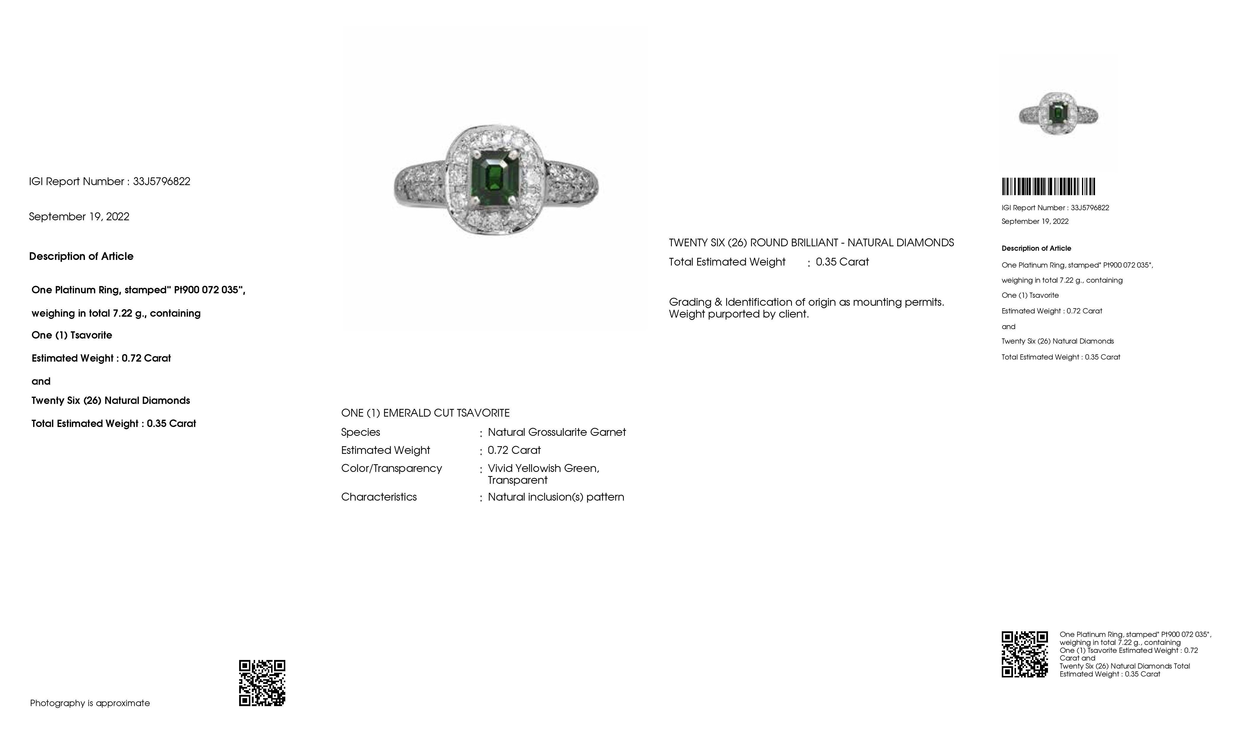 IGI Certified 0.72ct Natural Tsavorite and 0.35ct Natural Diamonds Platinum Ring For Sale 2