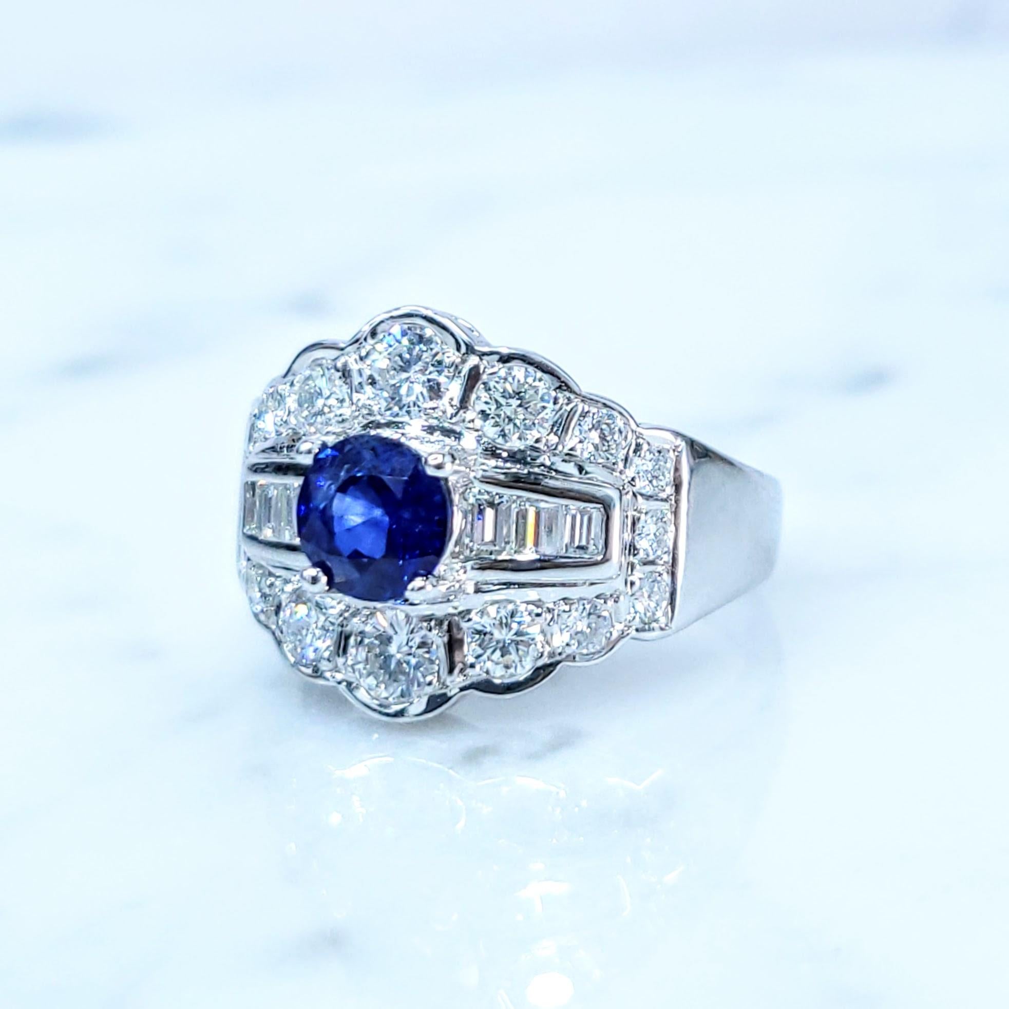 Art Deco IGI Certified 0.73 Carat Blue Sapphire & Diamond Ring in 18K White Gold For Sale