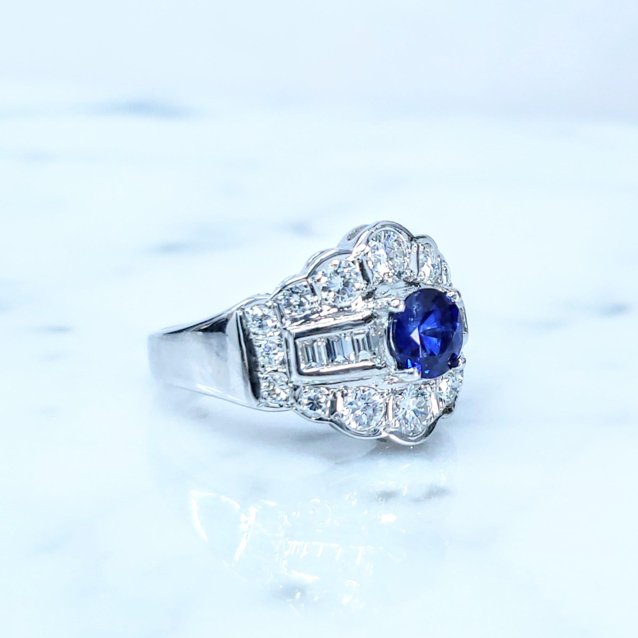 Women's IGI Certified 0.73 Carat Blue Sapphire & Diamond Ring in 18K White Gold For Sale