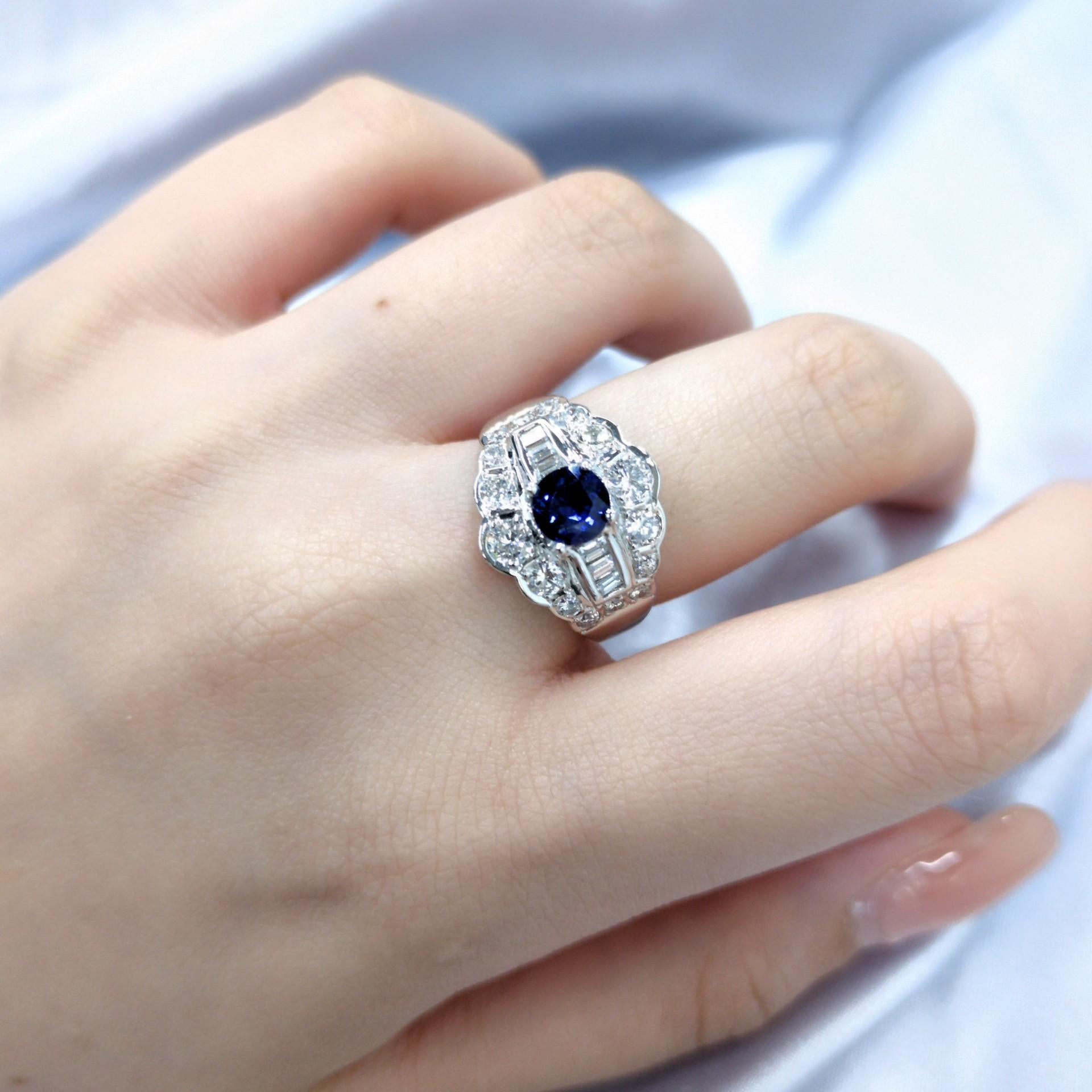 IGI Certified 0.73 Carat Blue Sapphire & Diamond Ring in 18K White Gold For Sale 2