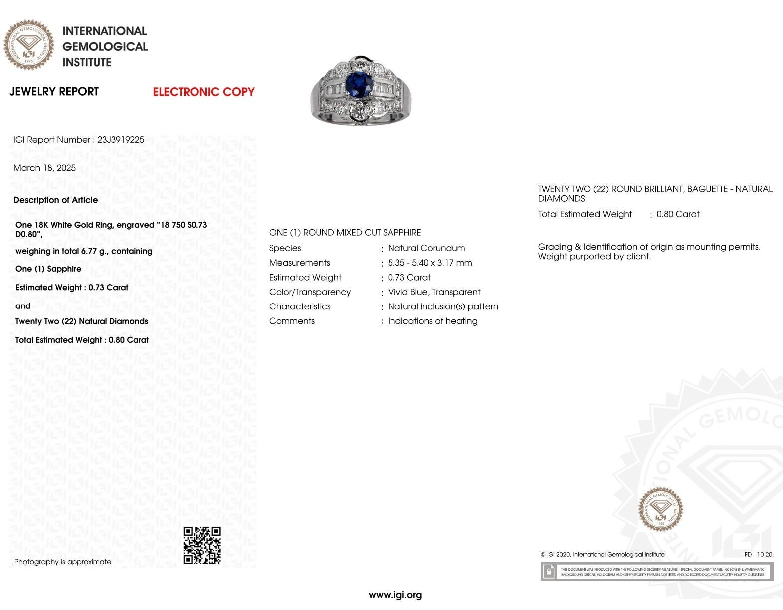 IGI Certified 0.73 Carat Blue Sapphire & Diamond Ring in 18K White Gold For Sale 3