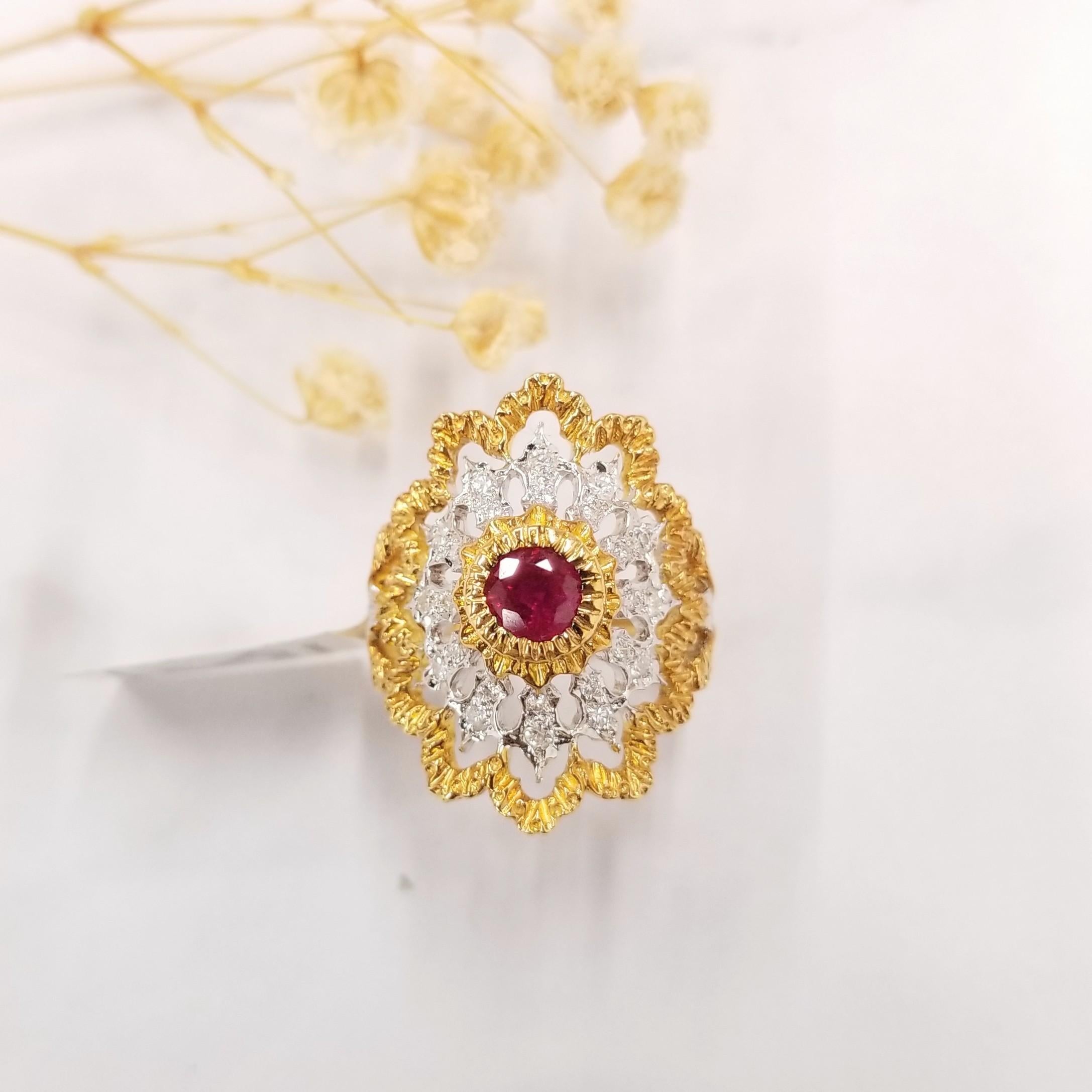 Burmese rubies are sought after for their beautiful red tones. This 18k white gold ring featuring a 0.75 carat ruby ruby is a great example of the Burmese allure - deep red tone. Special set with round brilliant-cut diamonds, the total diamond