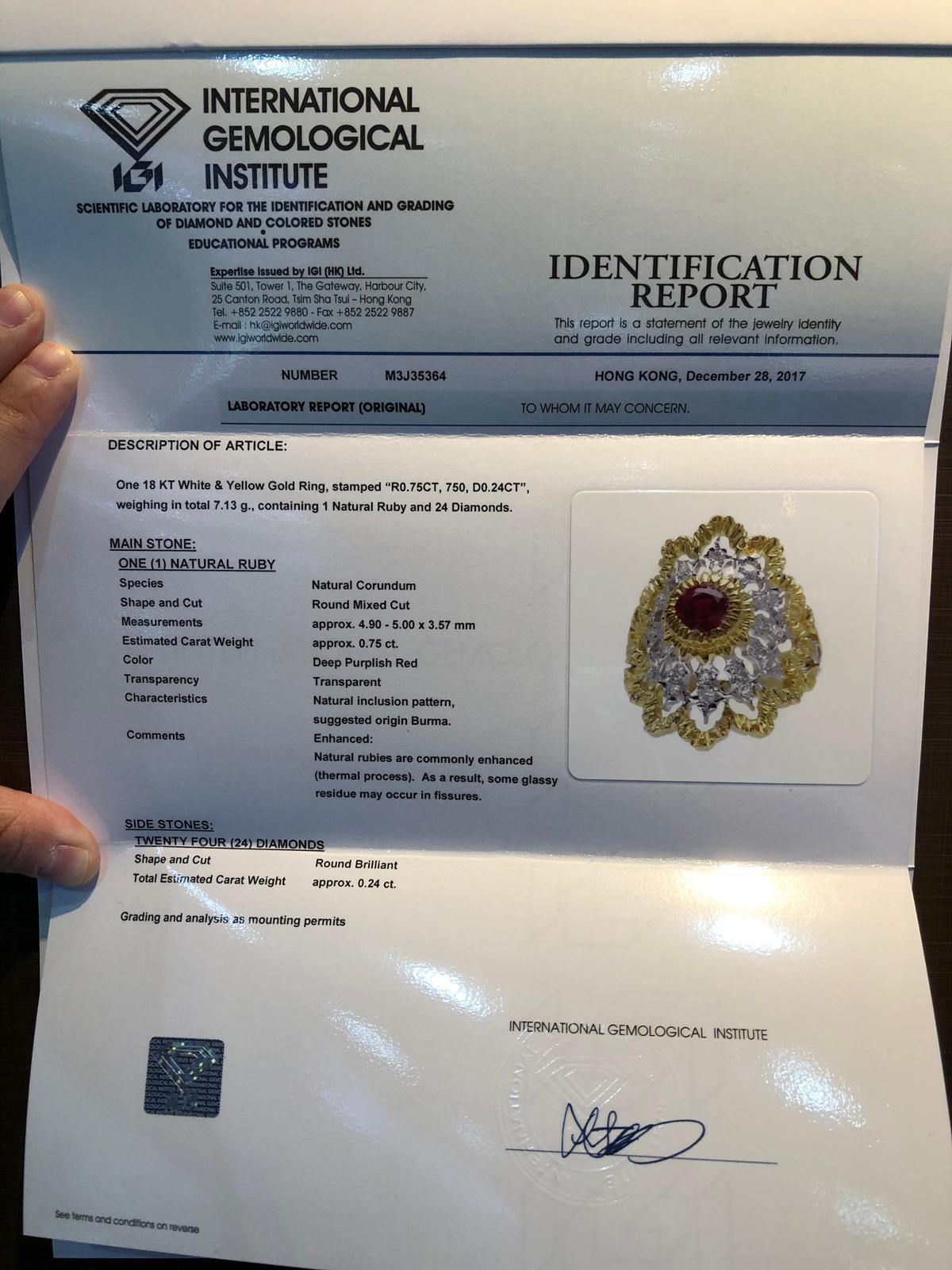 IGI Certified 0.75 Carat Red Ruby & Diamond Ring in 18K Gold For Sale 1