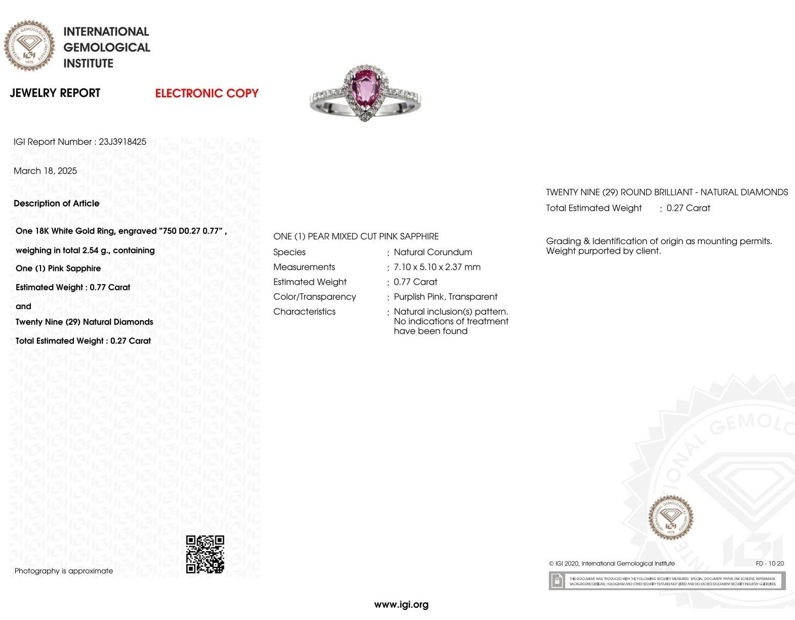 IGI-zertifizierter 0,77 Karat unbehandelter rosa Saphir & Diamantring 18K Weißgold im Angebot 6