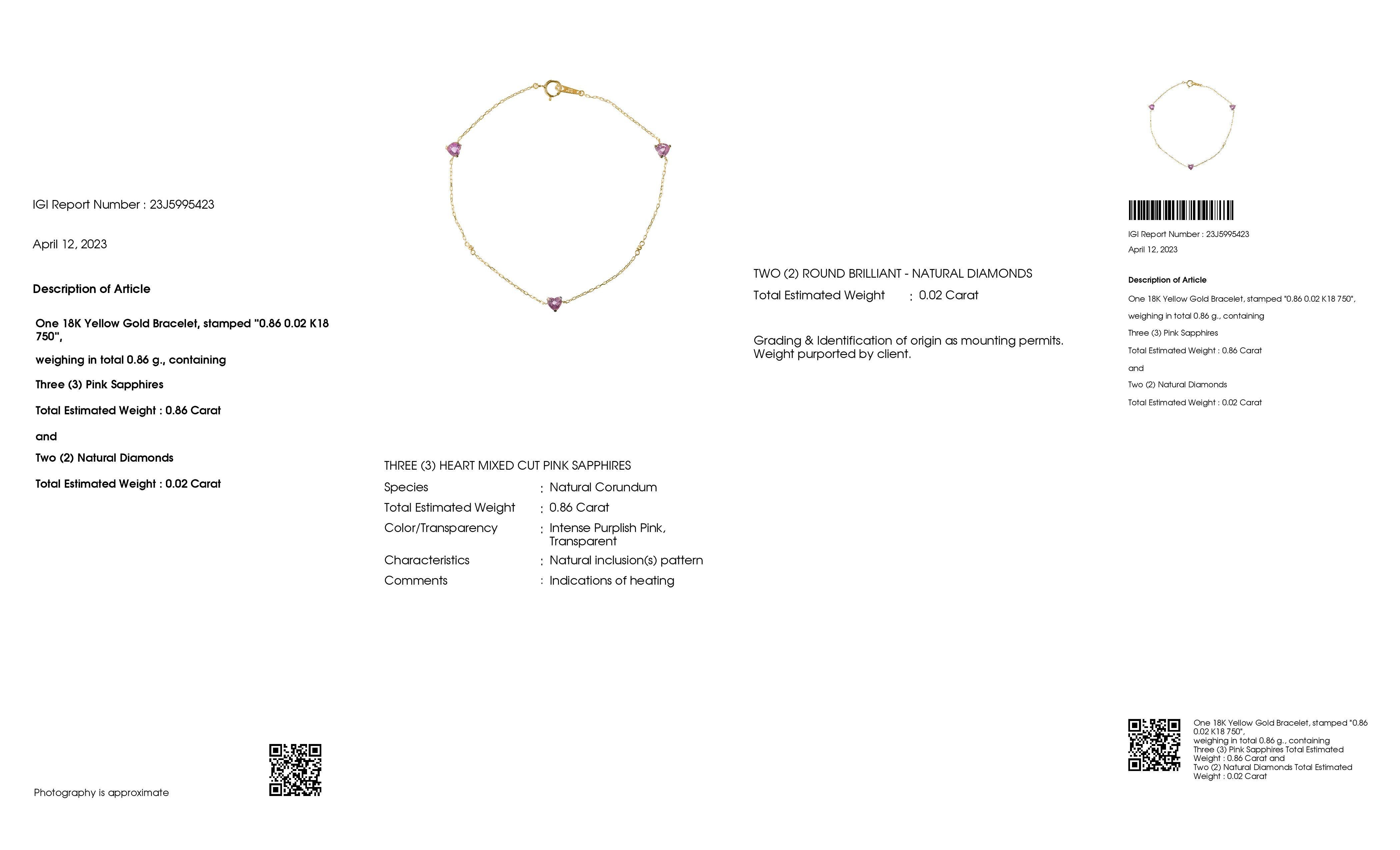 IGI Certified 0.86ct Pink Sapphire 0.02ct Natural Diamonds 18K Gold Bracelet 1