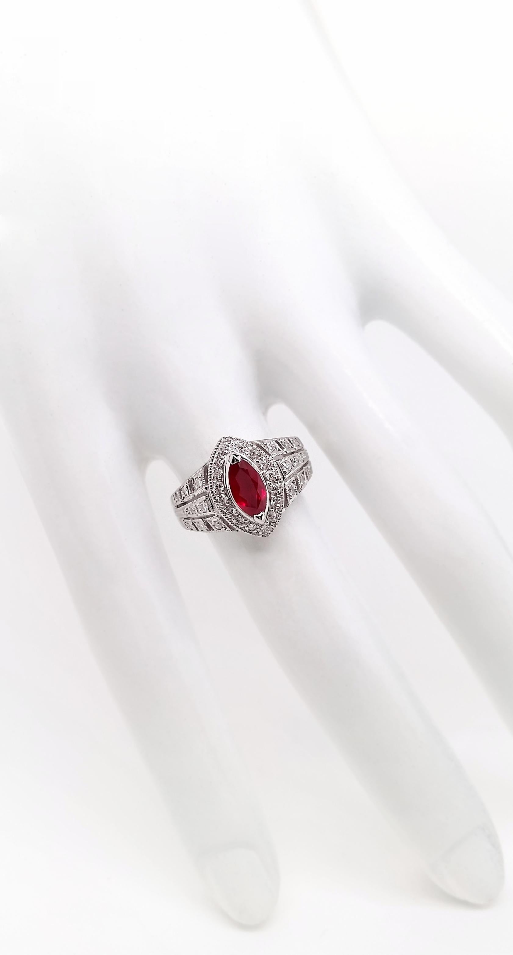 Marquise Cut IGI Certified 0.87ct Marquise Natural Ruby 0.31ct Natural Diamonds Platinum Ring For Sale