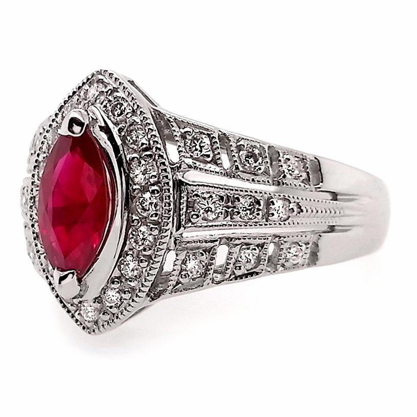 IGI Certified 0.87ct Marquise Natural Ruby 0.31ct Natural Diamonds Platinum Ring In New Condition For Sale In Hong Kong, HK
