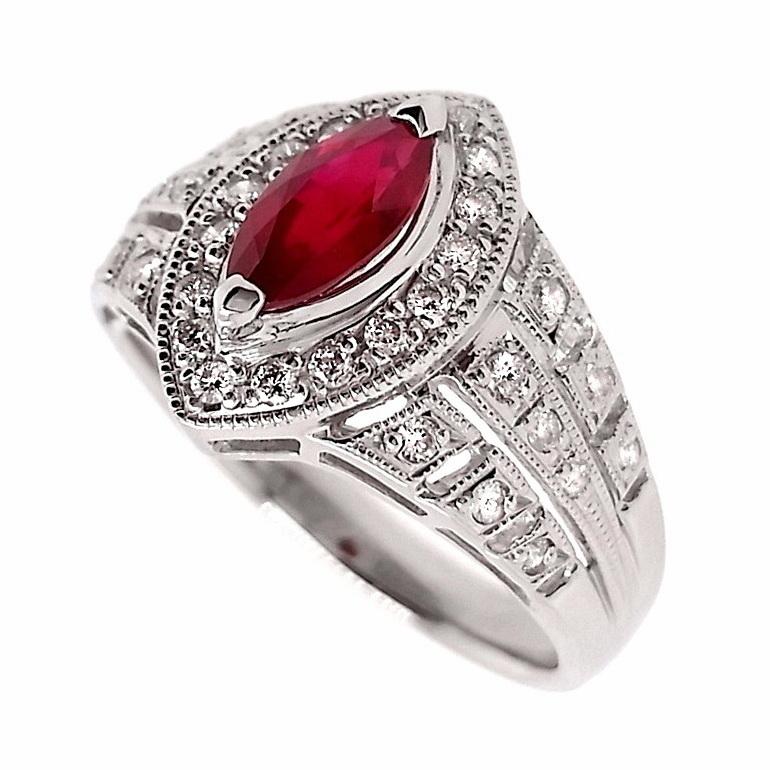 Women's or Men's IGI Certified 0.87ct Marquise Natural Ruby 0.31ct Natural Diamonds Platinum Ring For Sale