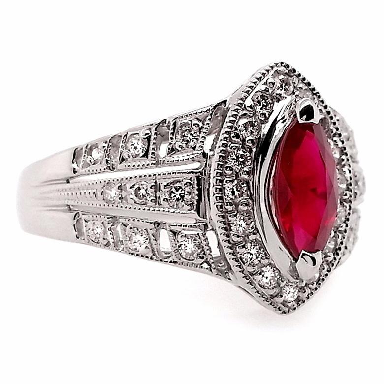 IGI Certified 0.87ct Marquise Natural Ruby 0.31ct Natural Diamonds Platinum Ring For Sale 1