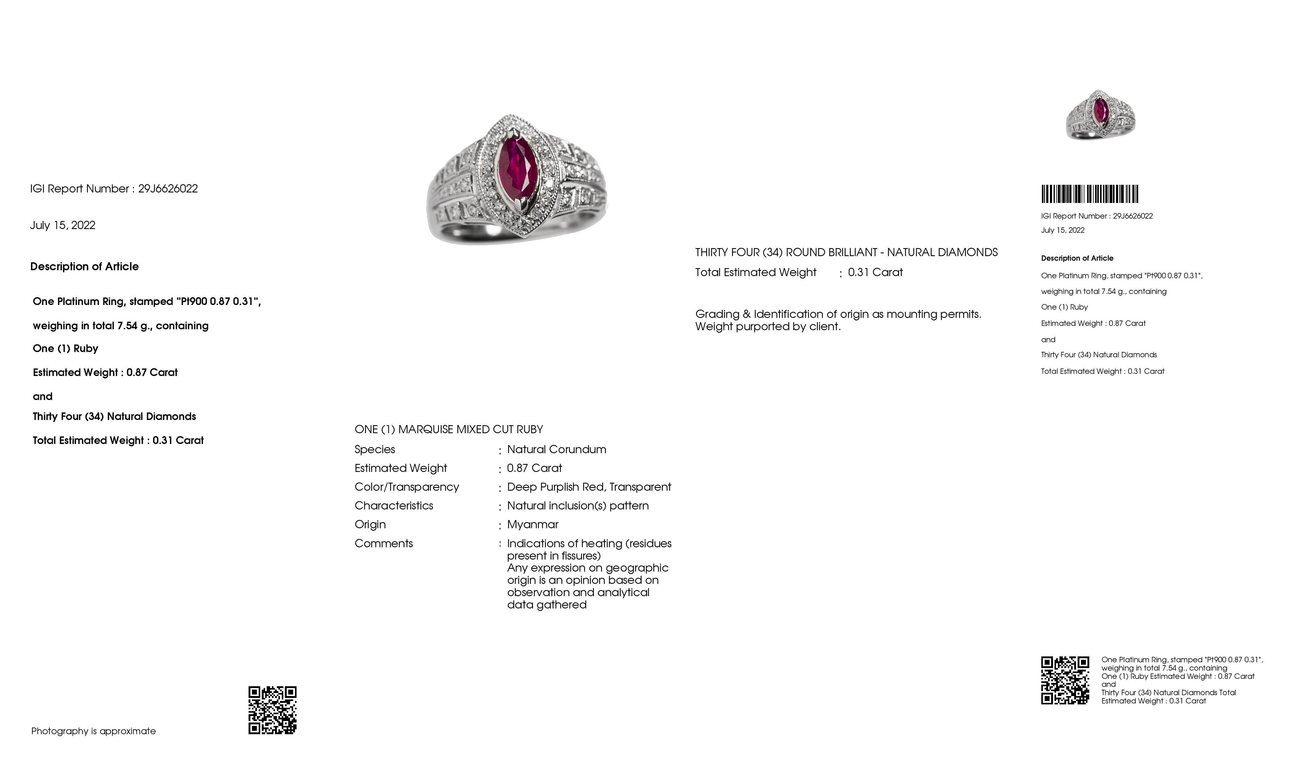 IGI Certified 0.87ct Marquise Natural Ruby 0.31ct Natural Diamonds Platinum Ring For Sale 2