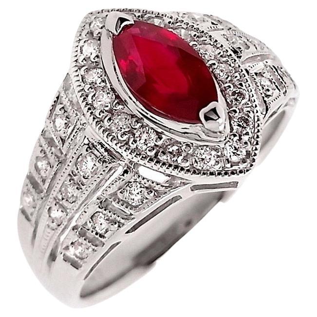 IGI Certified 0.87ct Marquise Natural Ruby 0.31ct Natural Diamonds Platinum Ring For Sale