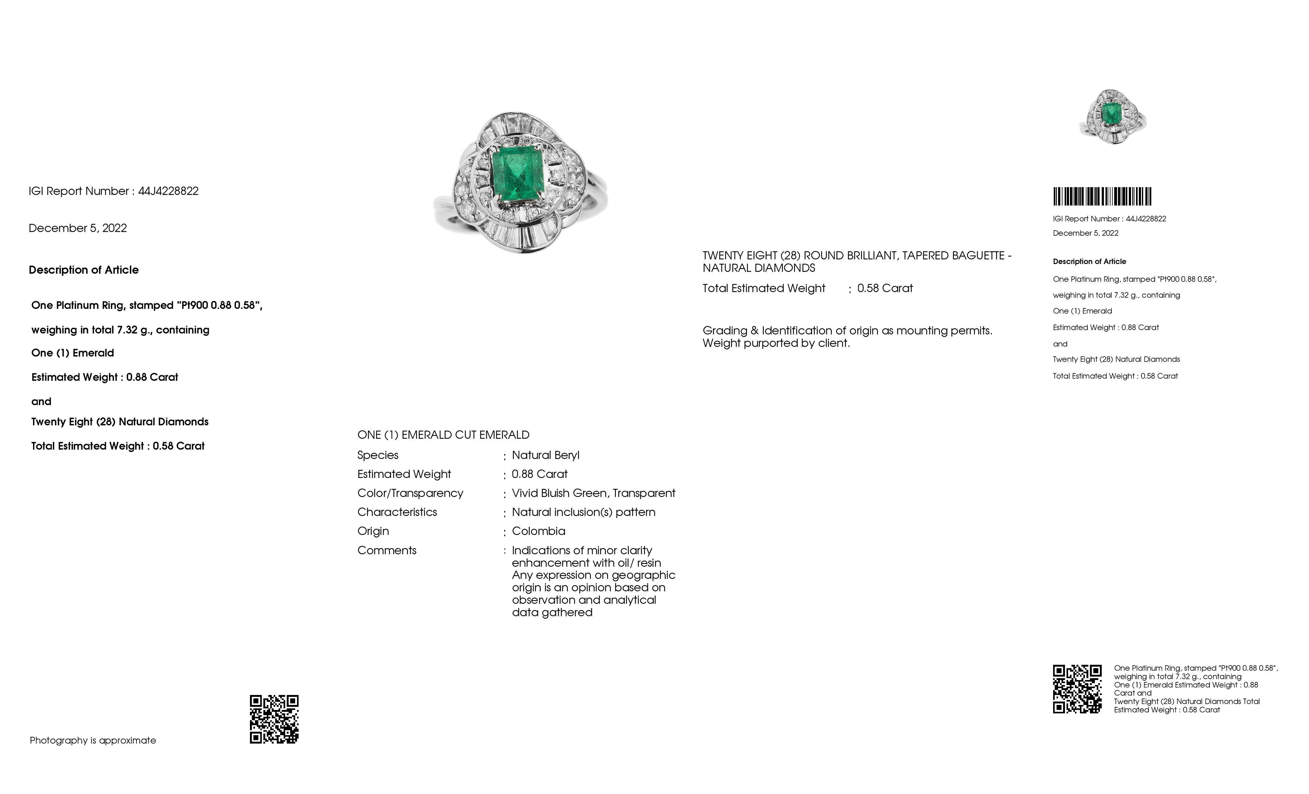 IGI Certificado 0,88ct Esmeralda Natural de Colombia 0,58ct Diamantes Anillo de Platino en Nuevo Estado en Hong Kong, HK