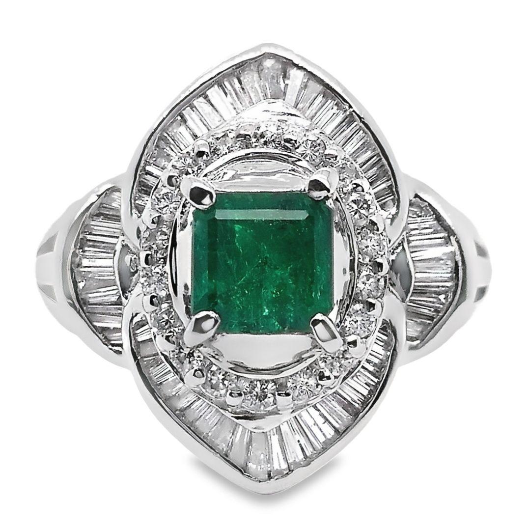 Stunning Platinum Ring set with a 0.89ct Natural Vivid Color Colombia Emerald and 0.80ct Natural Diamonds. The exquisite Square Emerald Cut emerald from Colombia showcases a vibrant Bluish Green colour, transparent clarity, and natural inclusions,