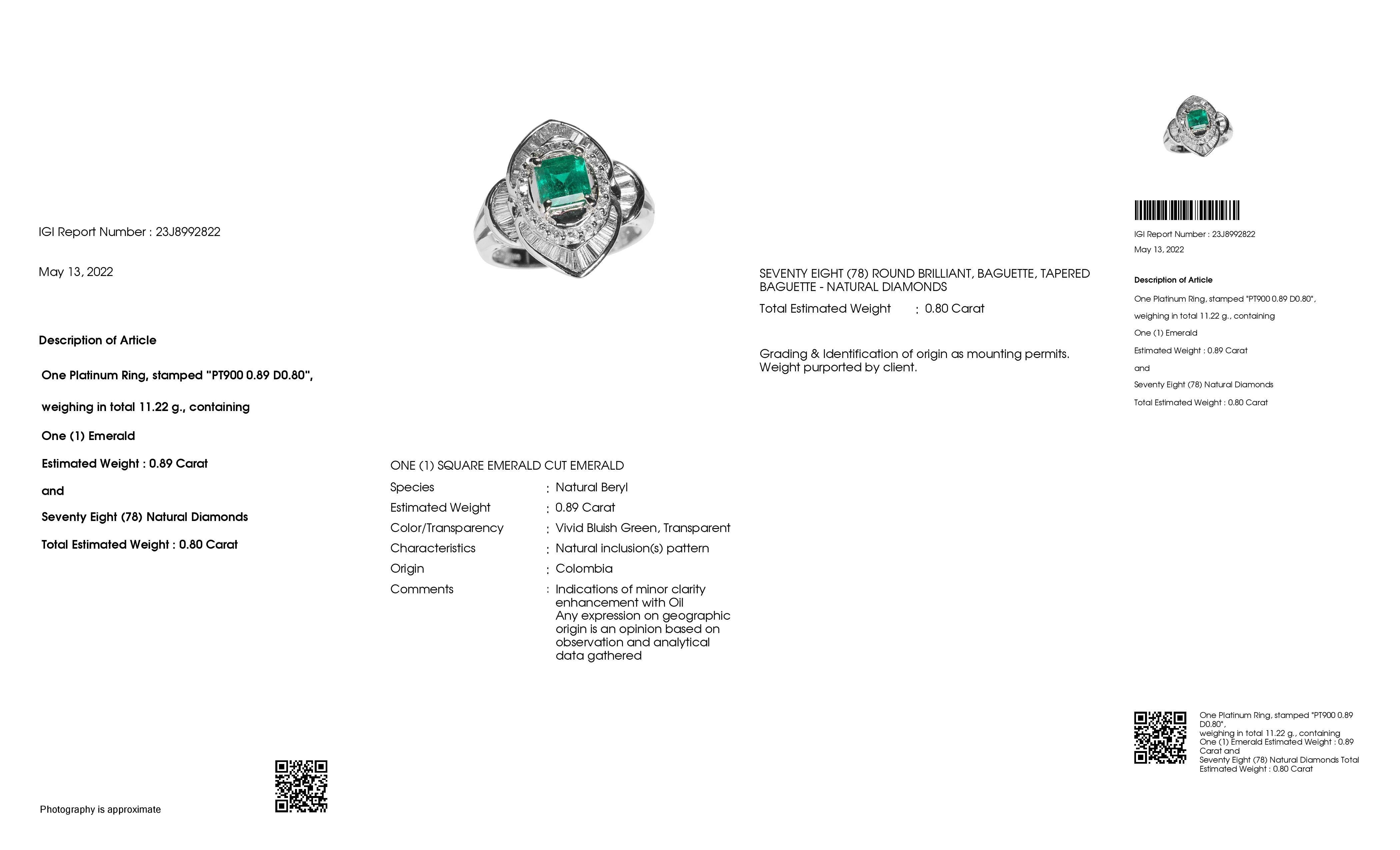 IGI Certified 0.89ct Natural Colombia Emerald 0.80ct Diamonds Platinum Ring In New Condition In Hong Kong, HK
