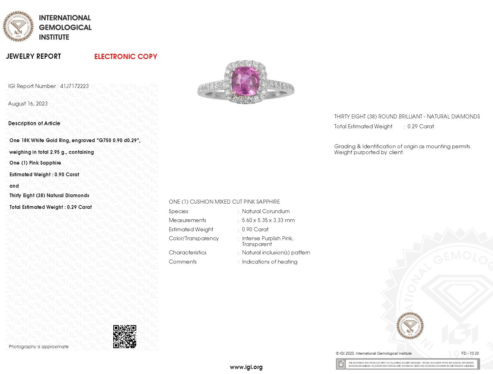 IGI Certified 0.90 Carat Pink Sapphire & Diamond Ring in 18K White Gold For Sale 1