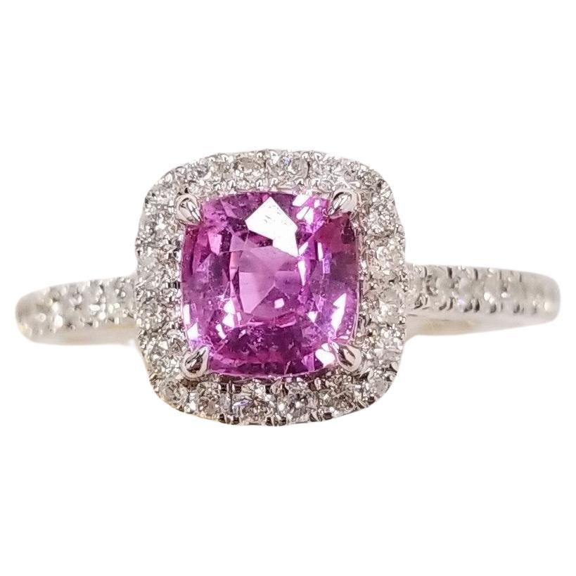 IGI Certified 0.90 Carat Pink Sapphire & Diamond Ring in 18K White Gold For Sale