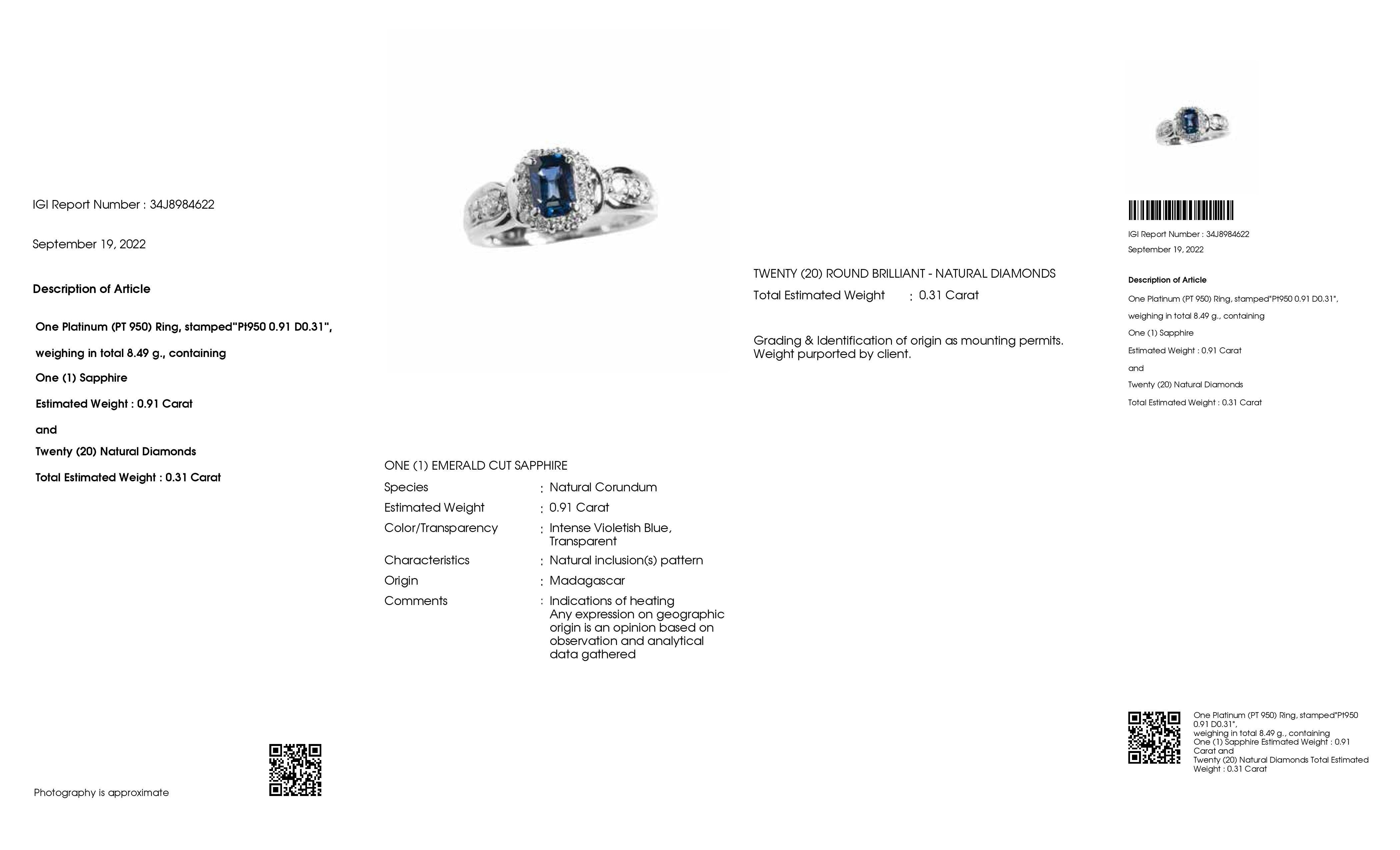 Platinring mit IGI-zertifiziertem 0,91 Karat Madagaskar-Saphir 0,31 Karat natürlichen Diamanten (Smaragdschliff) im Angebot