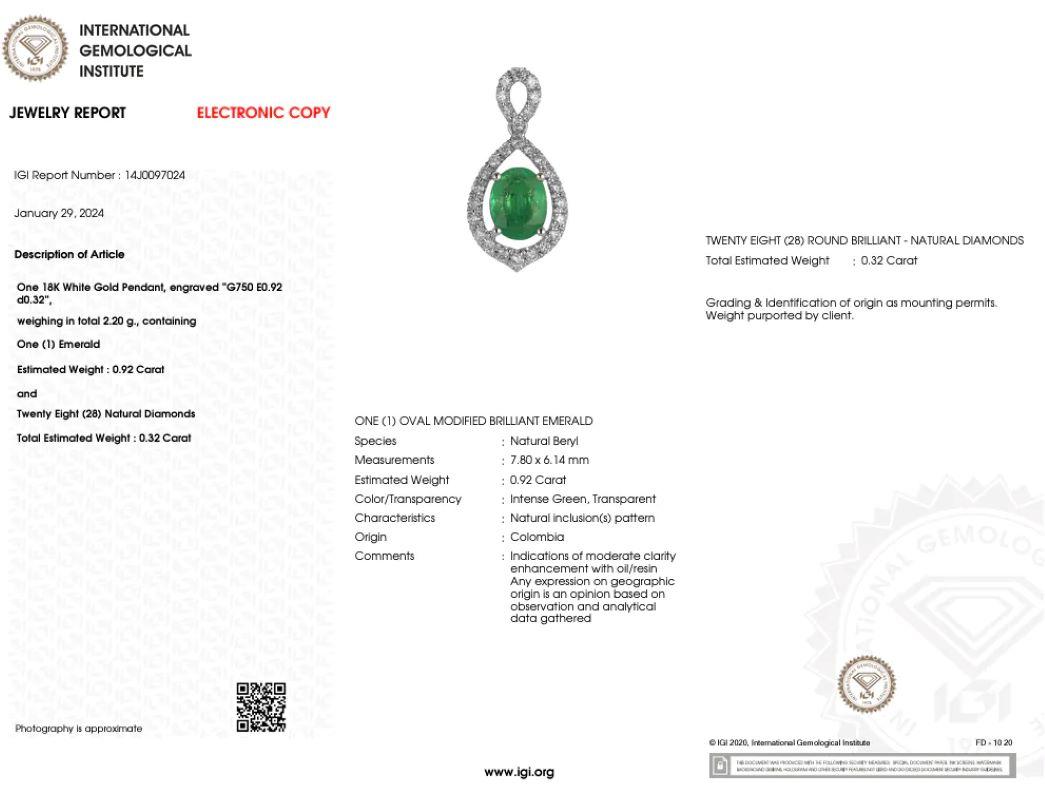 Modern IGI Certified 0.92 Carat Colombian Emerald and Diamond Pendent in 18K White Gold For Sale