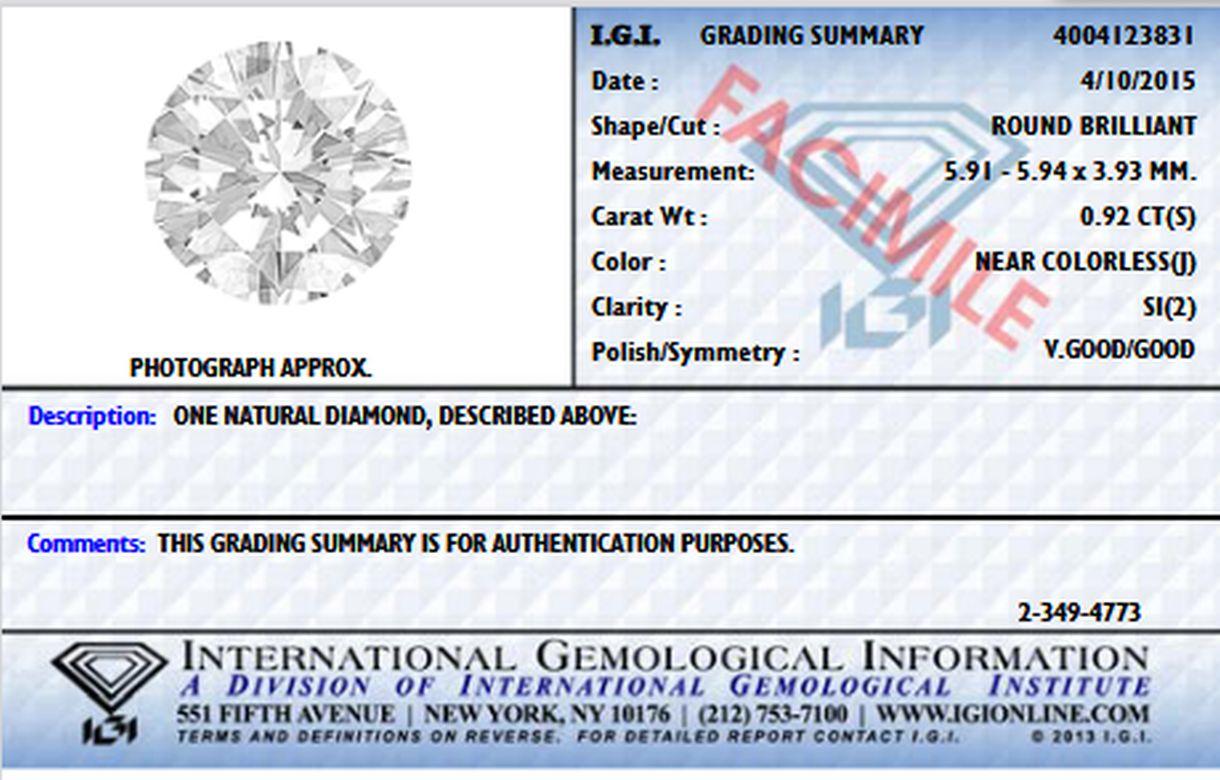 0.92 Round Brilliant Cut Natural Loose Diamond
IGI certified 
J / SI2 
Polish: Very Good

