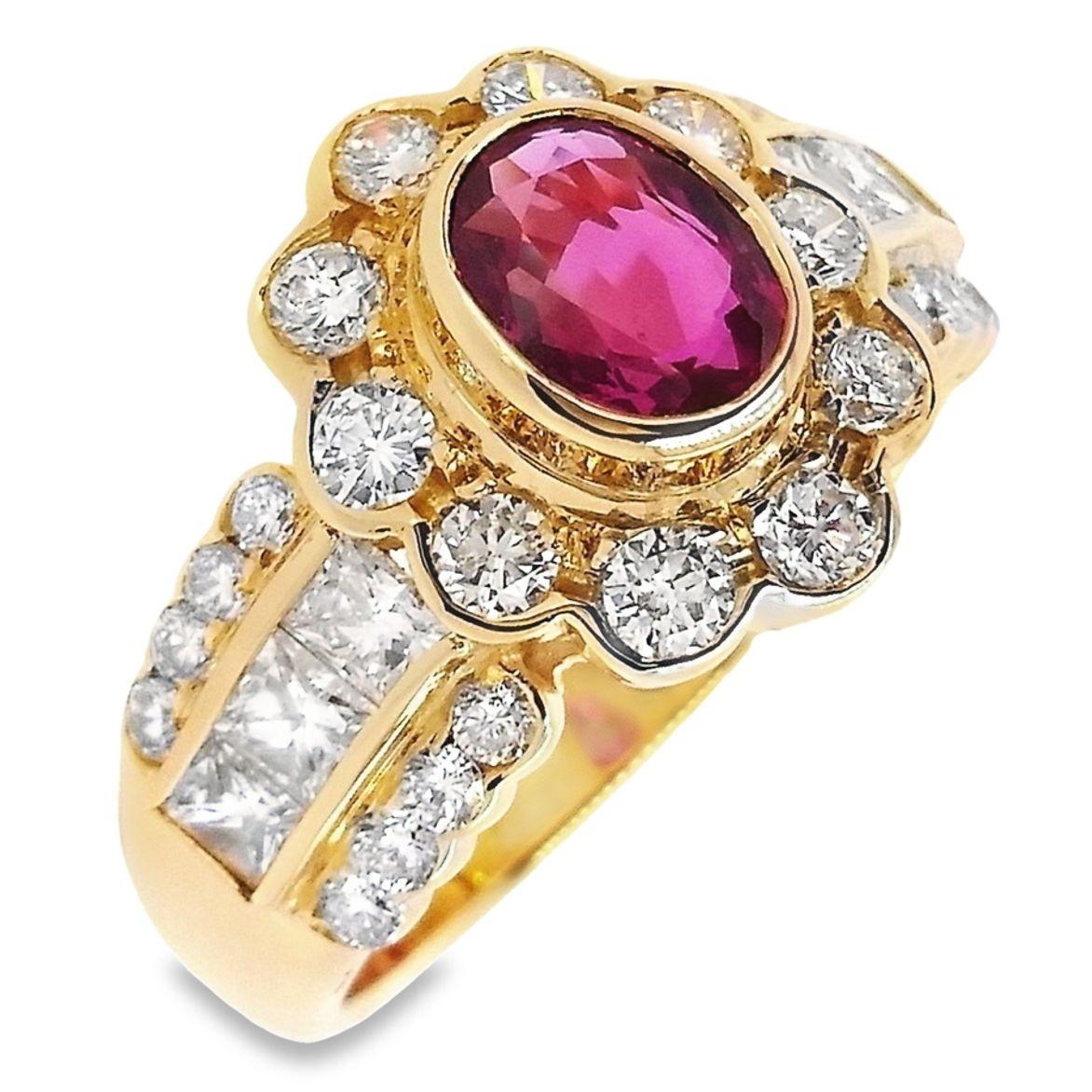 Experience timeless elegance with this exquisite 18K yellow gold ring, featuring a stunning 0.93-carat natural ruby in a captivating oval cut with an intense purplish-pinkish-red hue that mesmerizes with its rare beauty. Gracefully accented by 1.27