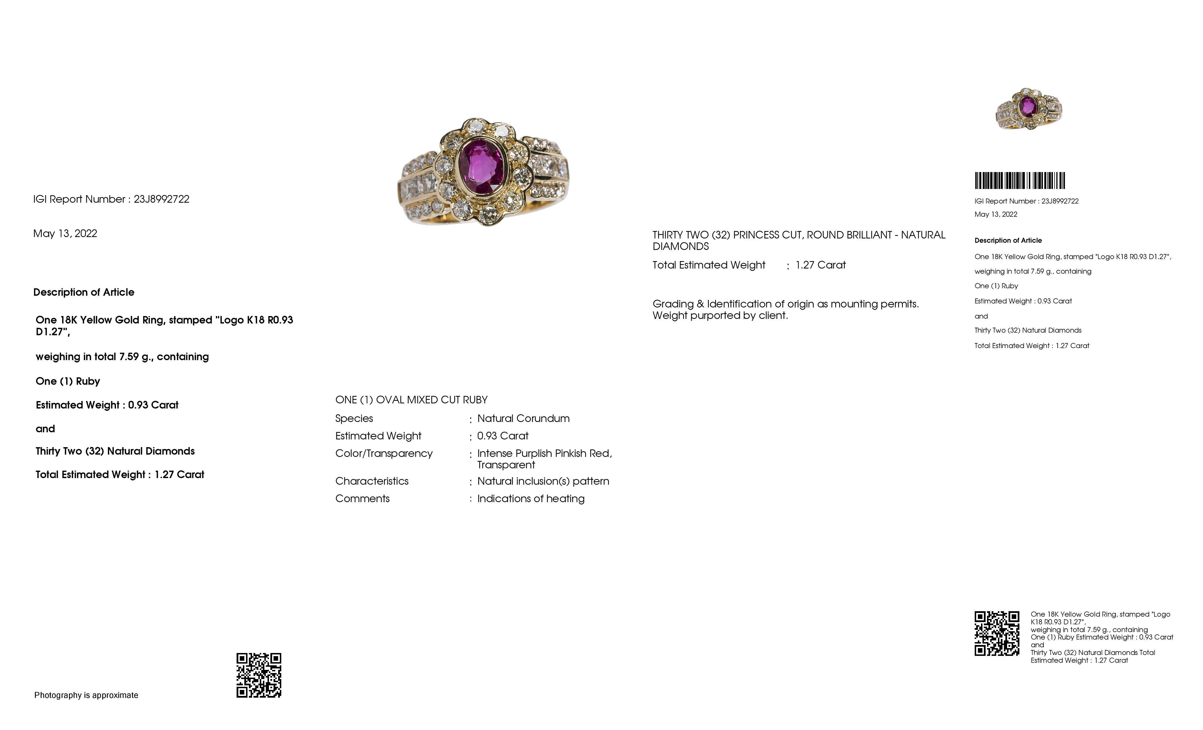 IGI Certified 0.93ct Natural Ruby 1.27ct Natural Diamonds 18K Yellow Gold Ring In New Condition For Sale In Hong Kong, HK