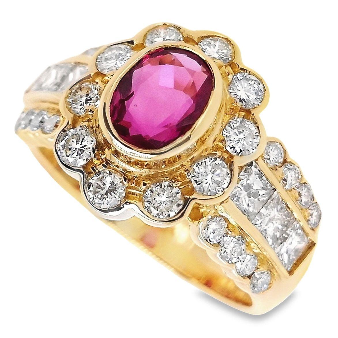 IGI Certified 0.93ct Natural Ruby 1.27ct Natural Diamonds 18K Yellow Gold Ring For Sale 1