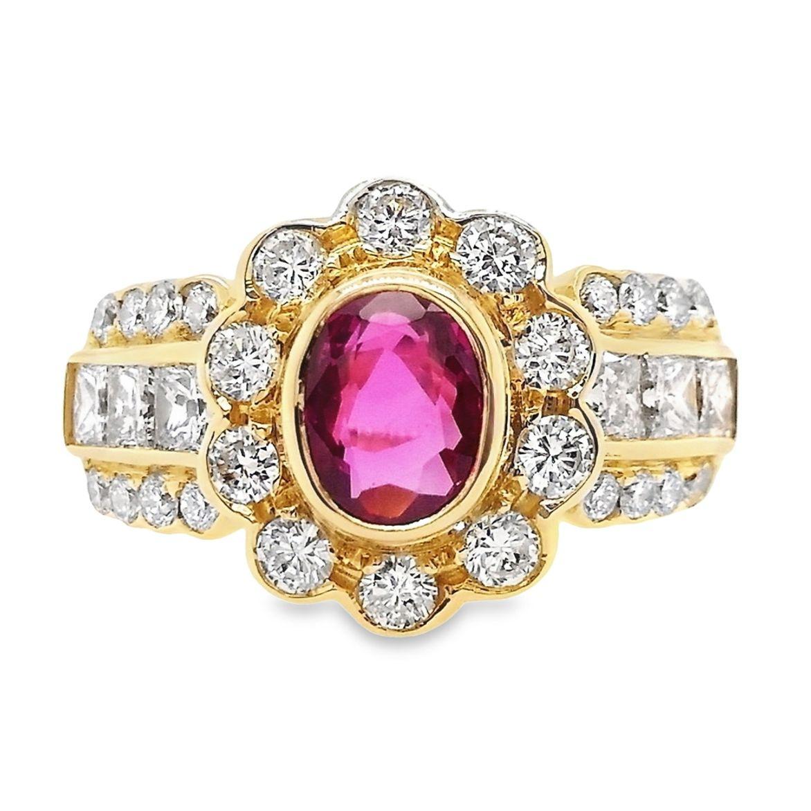 IGI Certified 0.93ct Natural Ruby 1.27ct Natural Diamonds 18K Yellow Gold Ring For Sale 3