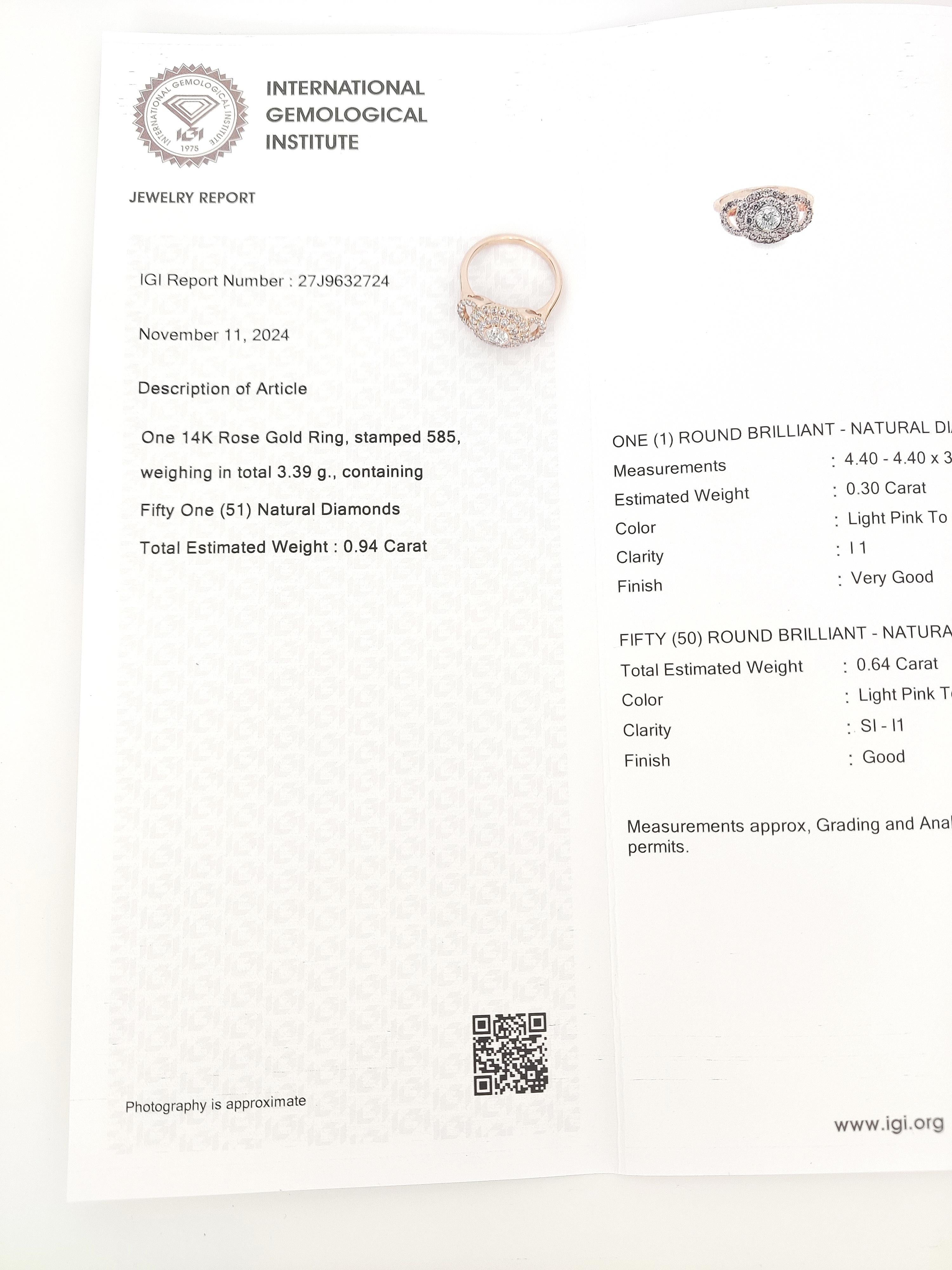 IGI Certified 0.94ctw Round Fancy Pink Diamond 14k Rose Gold Ring For Sale 4