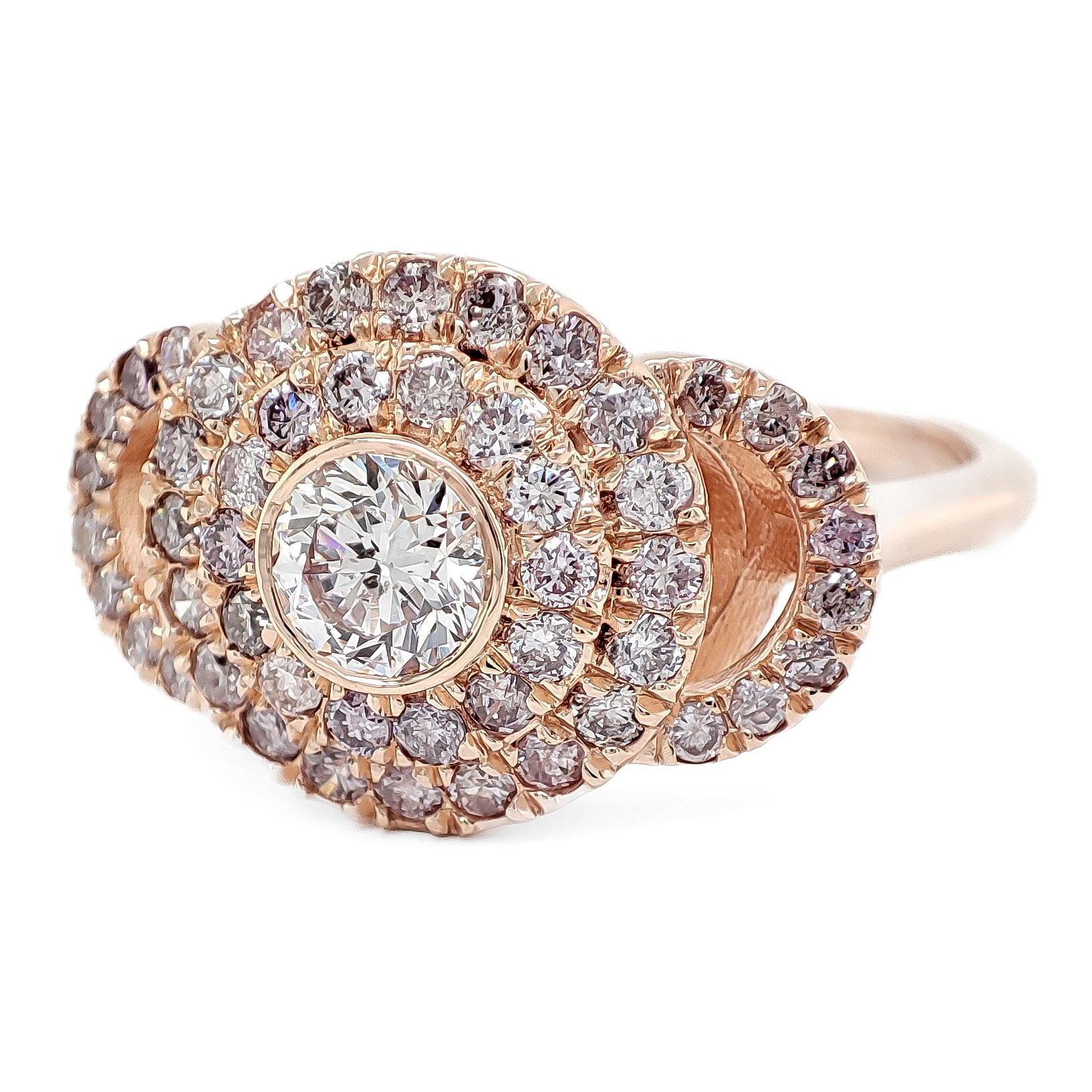 The ring features a stunning 0.80-carat natural heart brilliant diamond with a rare and captivating fancy deep orange-brown color. It is adorned with 38 natural round brilliant side diamonds, totaling 0.23 carats, with an exceptional color grade of