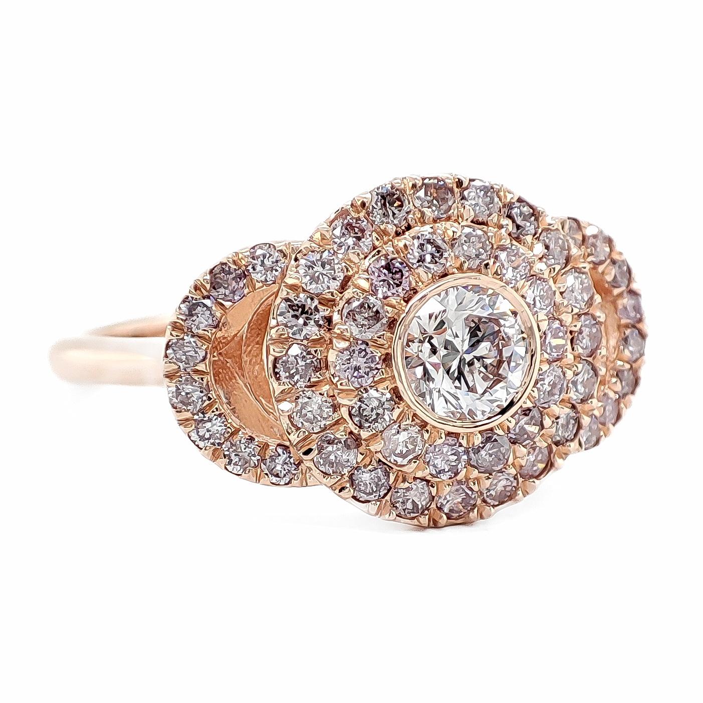 Art Deco IGI Certified 0.94ctw Round Fancy Pink Diamond 14k Rose Gold Ring For Sale