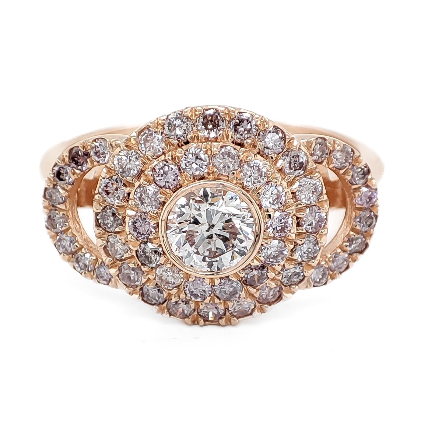 Round Cut IGI Certified 0.94ctw Round Fancy Pink Diamond 14k Rose Gold Ring For Sale