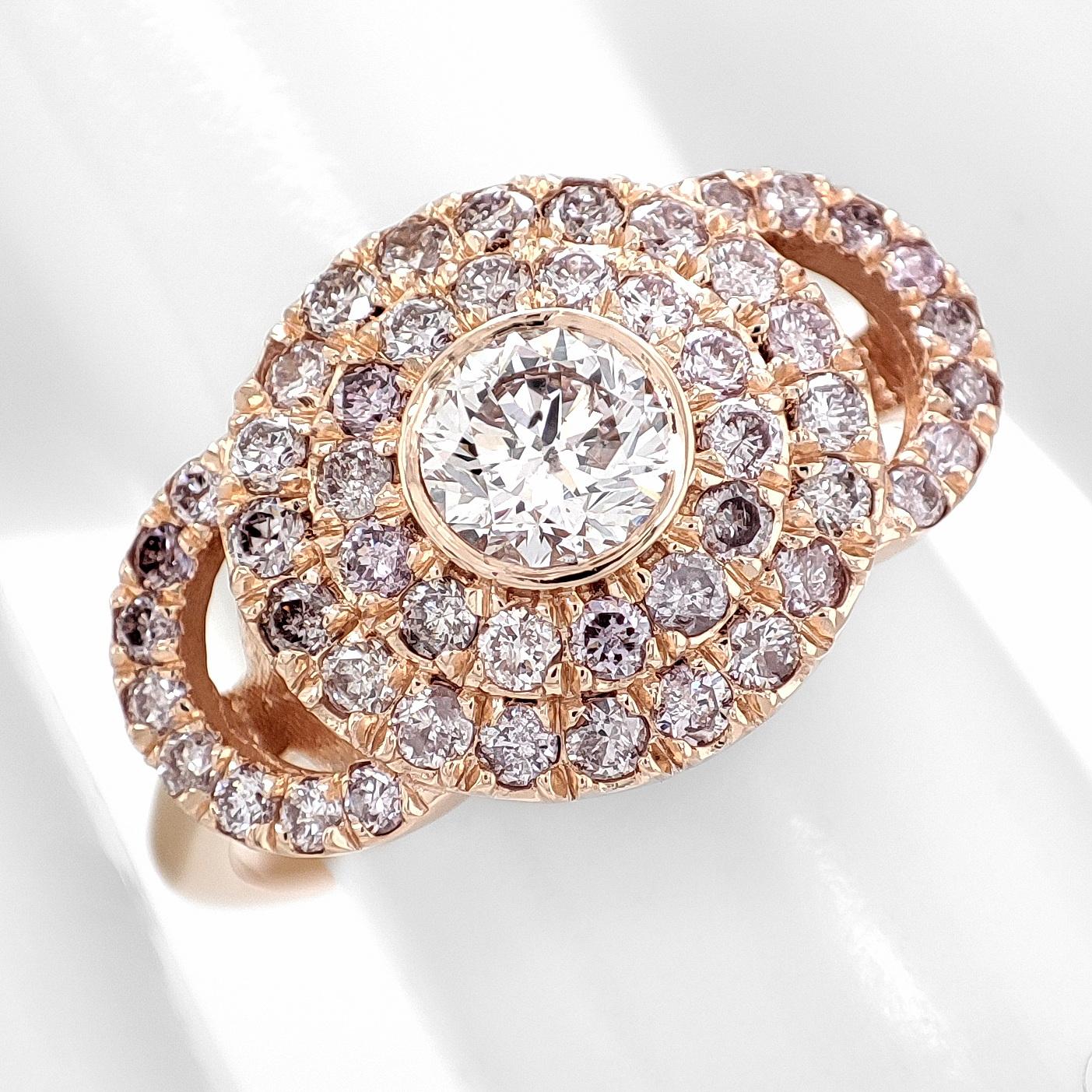 IGI Certified 0.94ctw Round Fancy Pink Diamond 14k Rose Gold Ring For Sale 1